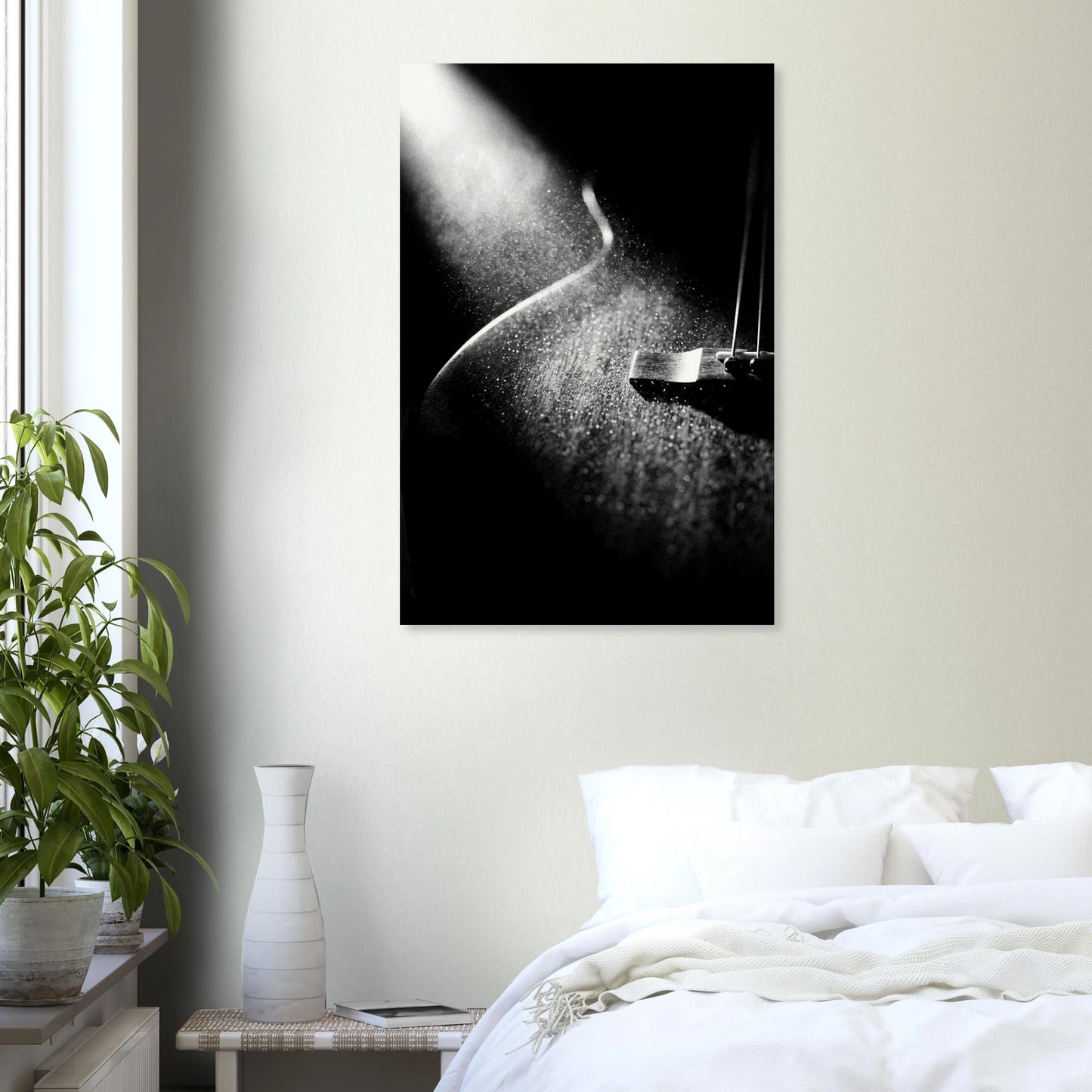 Dust and Light art print in a black frame above a bed in a modern bedroom — Guitar Prints museum-quality matte art print