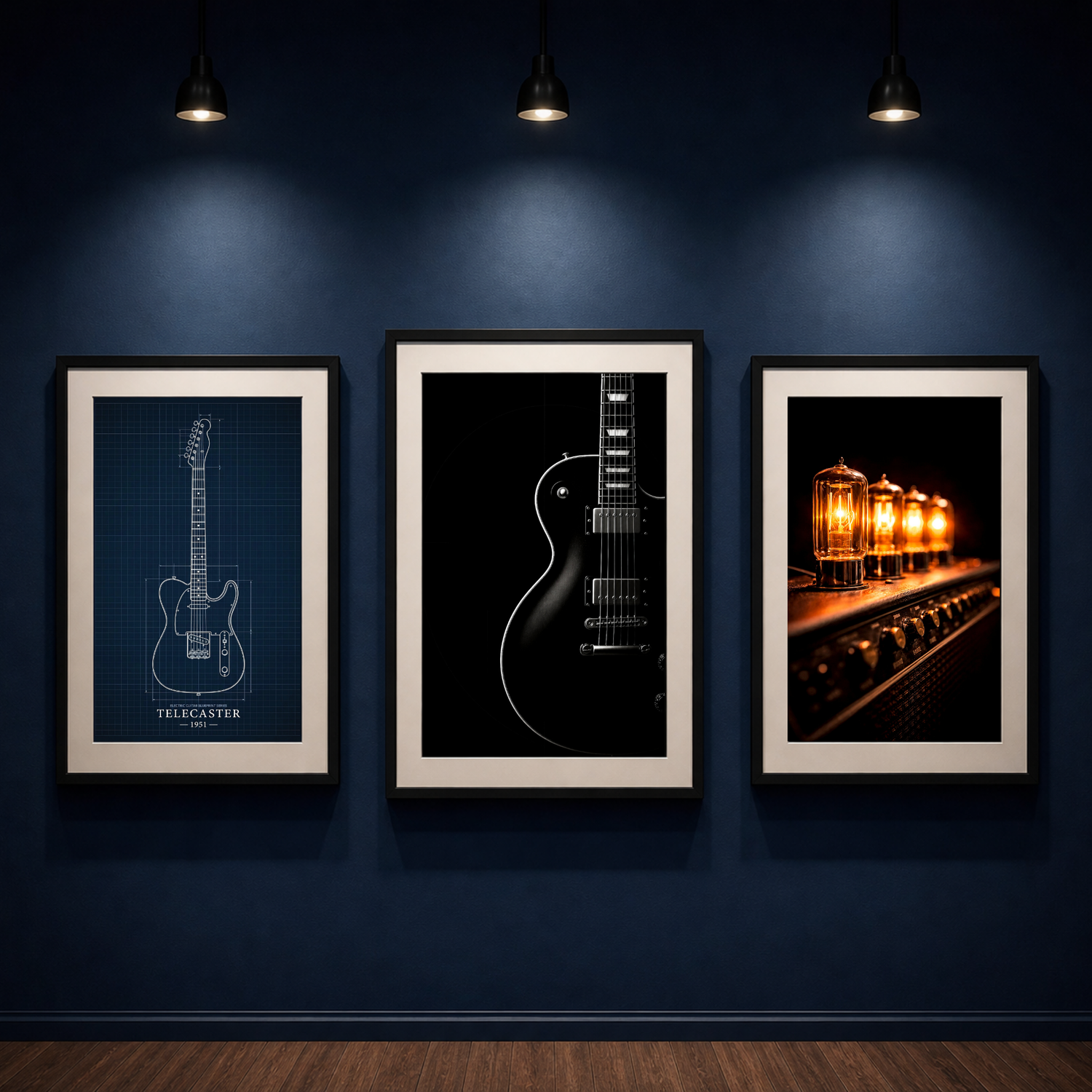 Framed guitar wall art prints in a modern studio space, perfect gift ideas for guitar players and musicians.