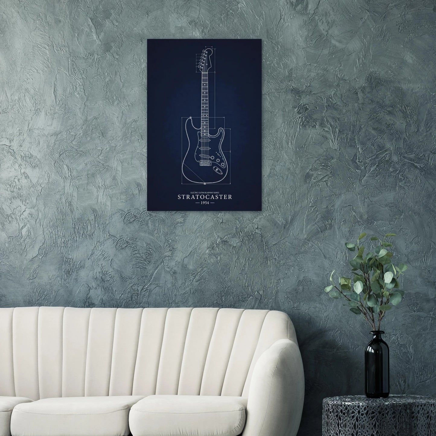 Fender Stratocaster Blueprint art print on a teal wall above a modern white sofa — Guitar Prints museum-quality matte art print