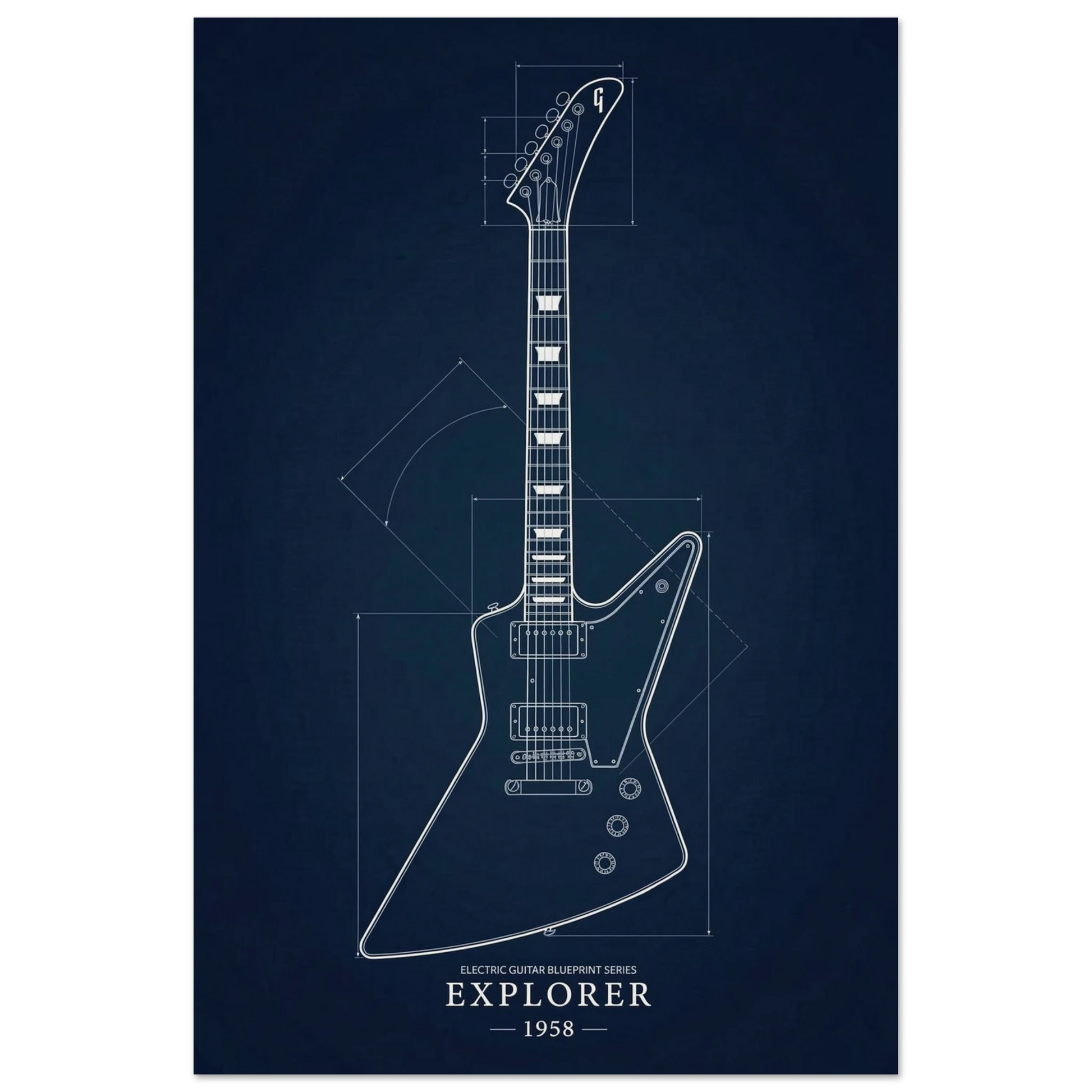Gibson Explorer Blueprint art print — museum-quality matte physical print by Guitar Prints