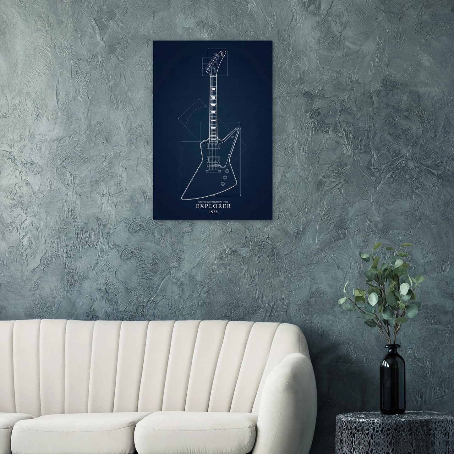Gibson Explorer Blueprint art print on a teal wall above a modern white sofa — Guitar Prints museum-quality matte art print