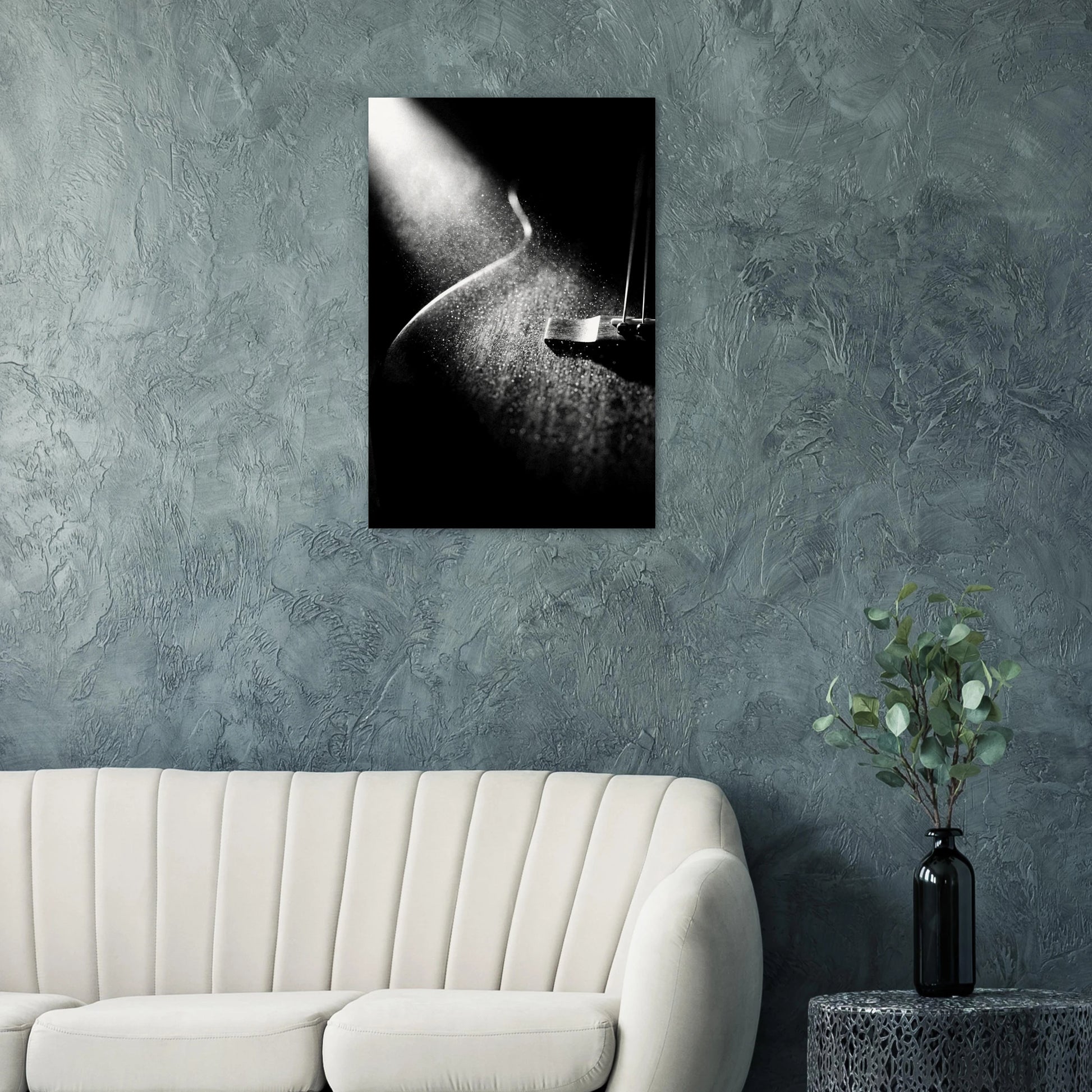 Dust and Light art print on a teal wall above a modern white sofa — Guitar Prints museum-quality matte art print