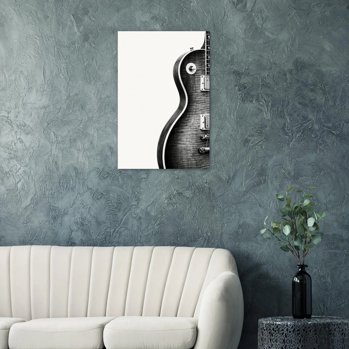 Les Paul Monochrome art print on a teal wall above a modern white sofa — Guitar Prints museum-quality matte art print
