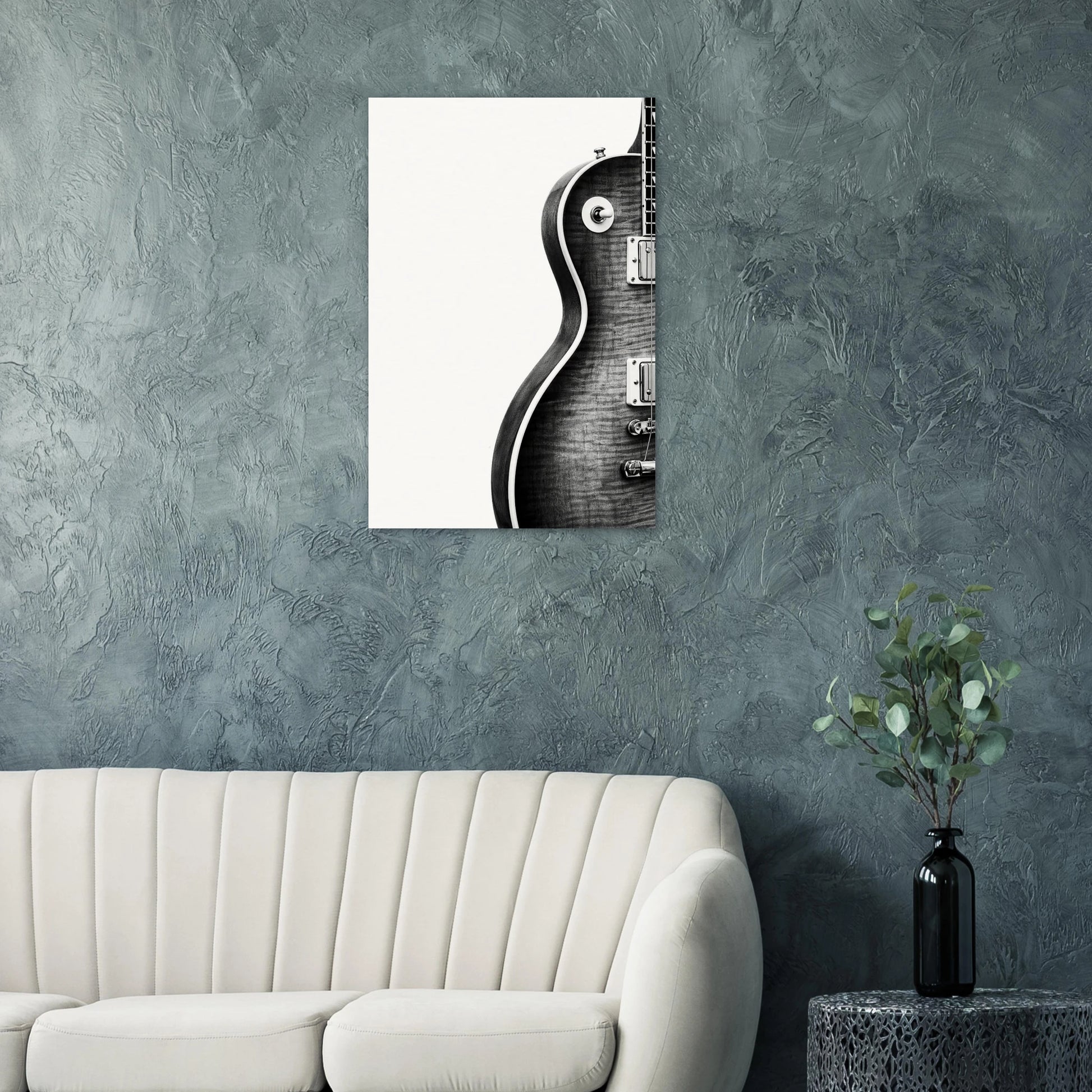 Les Paul Monochrome art print on a teal wall above a modern white sofa — Guitar Prints museum-quality matte art print