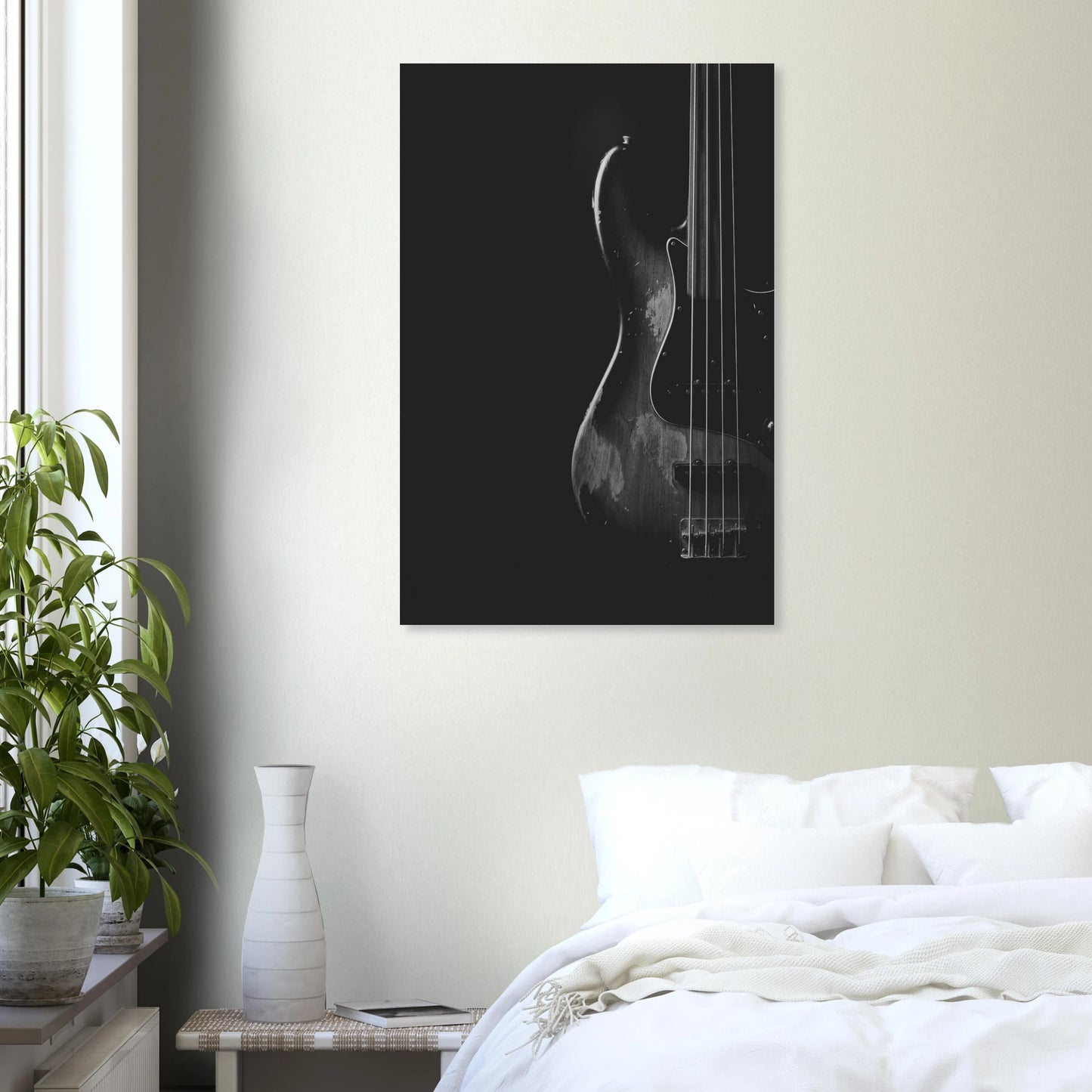 jaco pastorius monochrome bass print in a bedroom setting