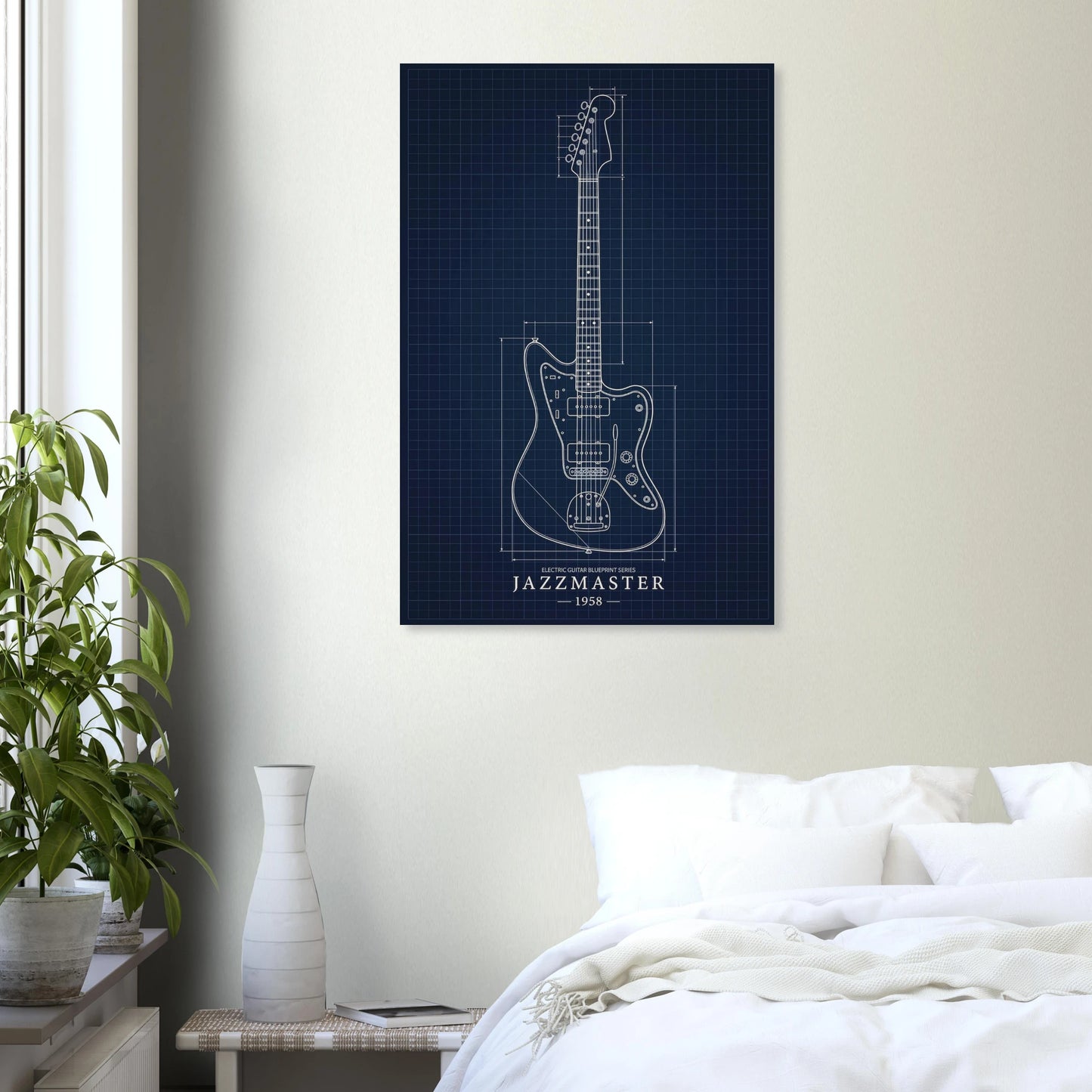 Fender Jazzmaster Blueprint art print in a black frame above a bed in a modern bedroom — Guitar Prints museum-quality matte art print