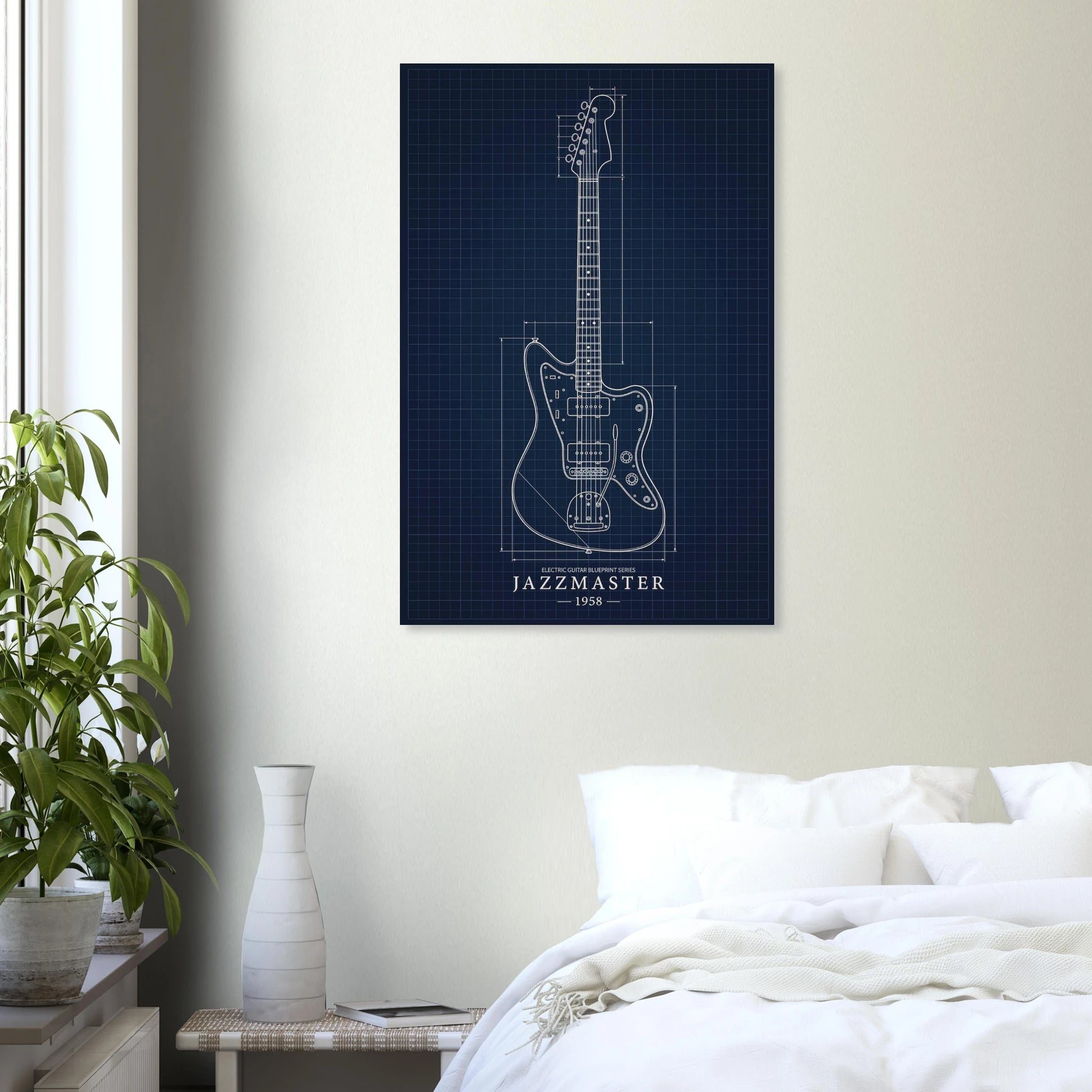 Fender Jazzmaster Blueprint art print in a black frame above a bed in a modern bedroom — Guitar Prints museum-quality matte art print