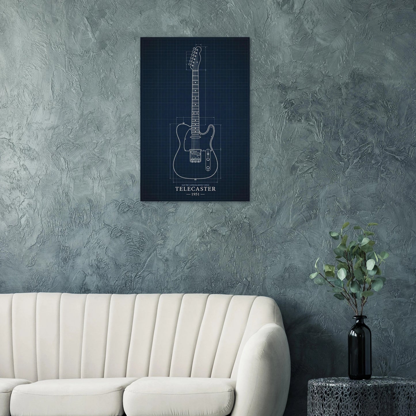 Fender Telecaster Blueprint art print on a teal wall above a modern white sofa — Guitar Prints museum-quality matte art print