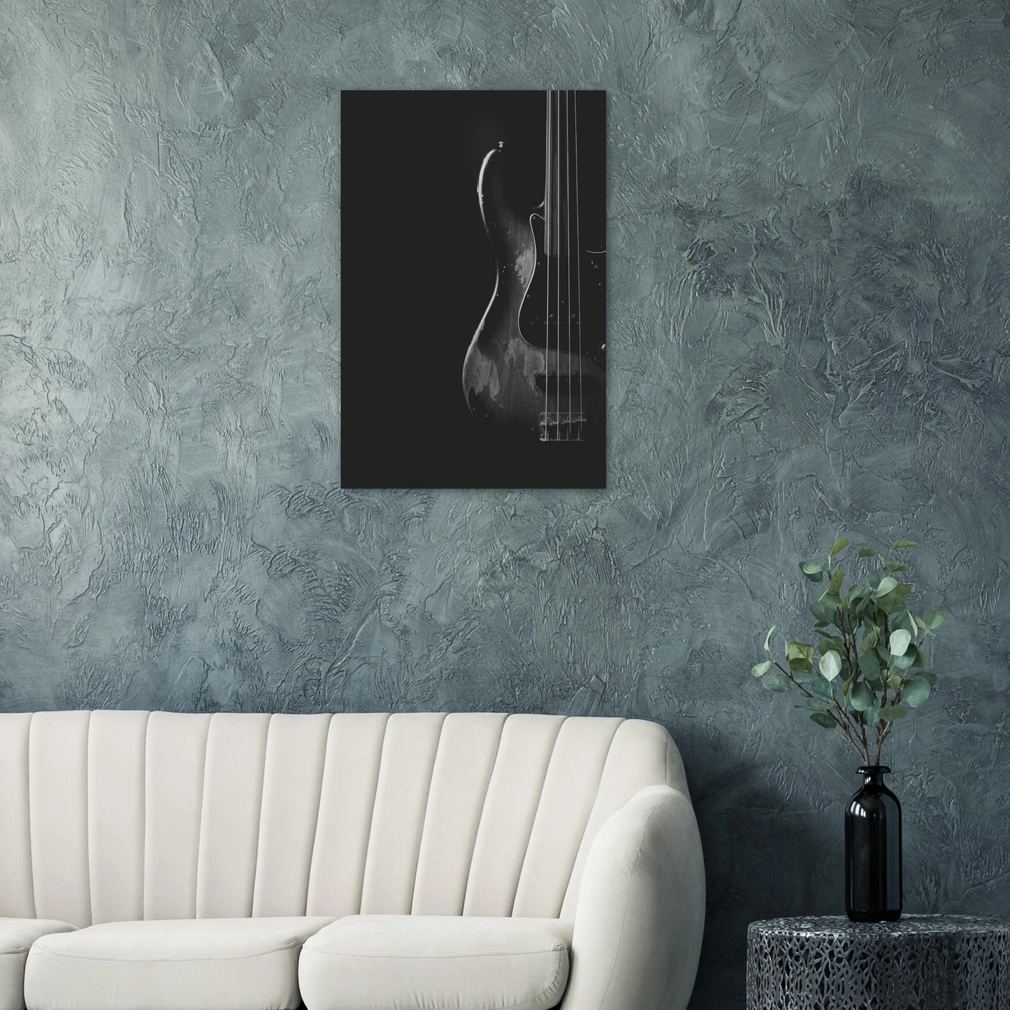 jaco pastorius monochrome bass print in a living room setting