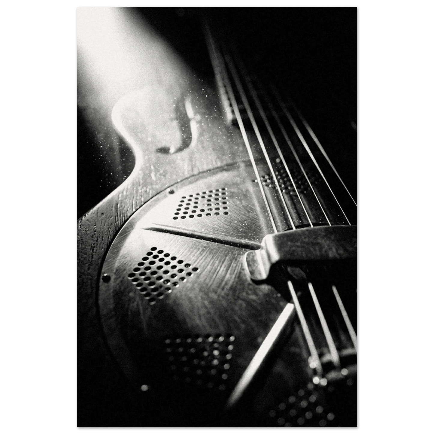 Resonator guitar macro print in black and white — close-up of cone, spider bridge and strings — museum-quality matte art print by Guitar Prints
