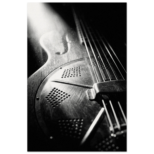 Resonator guitar macro print in black and white — close-up of cone, spider bridge and strings — museum-quality matte art print by Guitar Prints