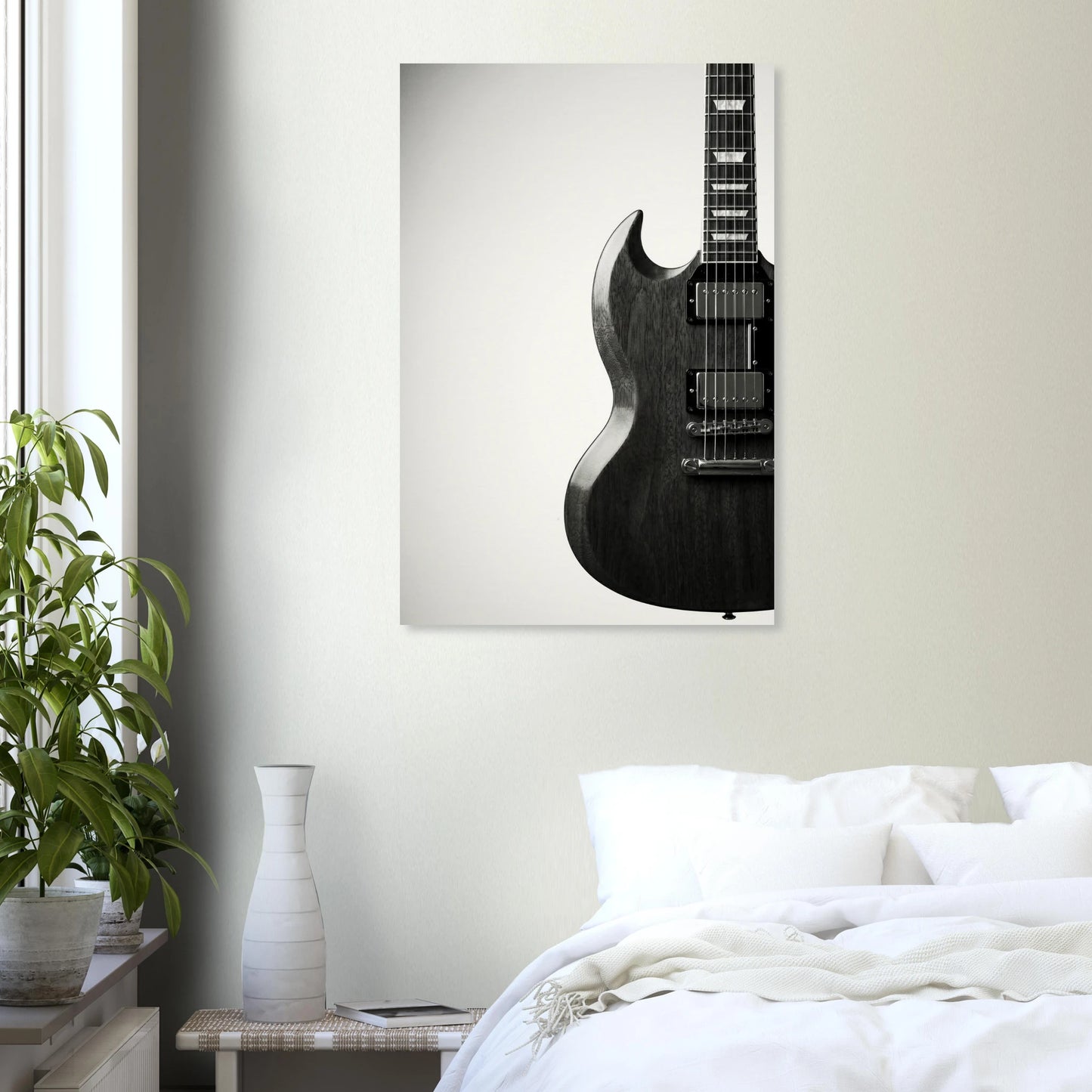Gibson SG art print on a light wall beside a bedroom window — Guitar Prints museum-quality matte art print