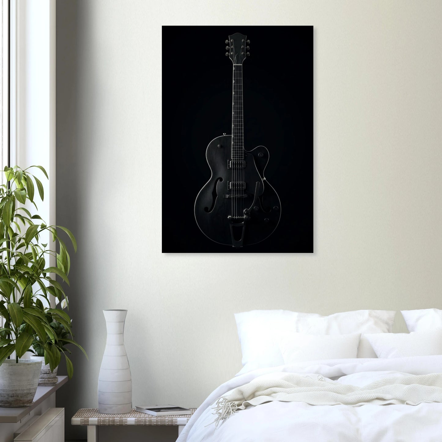 Gretsch Shadow art print in a black frame above a bed in a modern bedroom — Guitar Prints museum-quality matte art print
