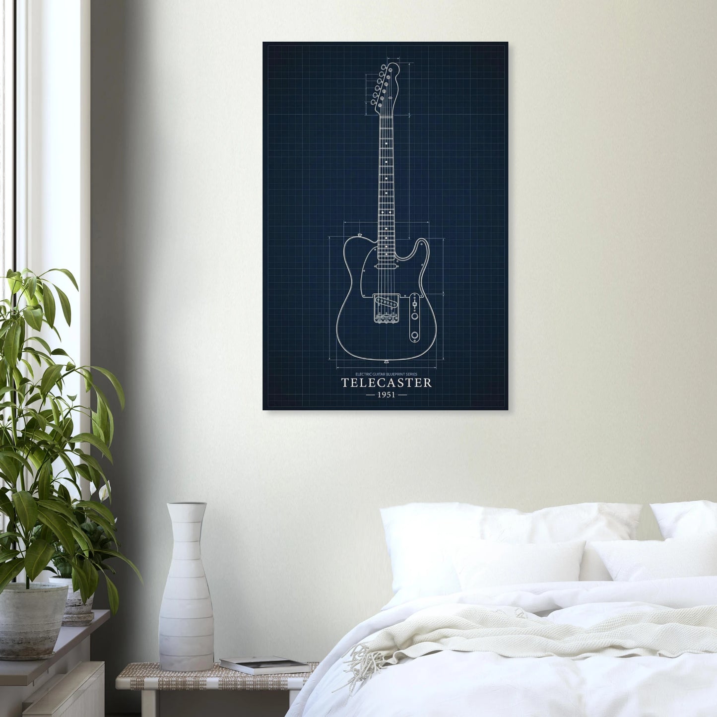 Fender Telecaster Blueprint art print in a black frame above a bed in a modern bedroom — Guitar Prints museum-quality matte art print
