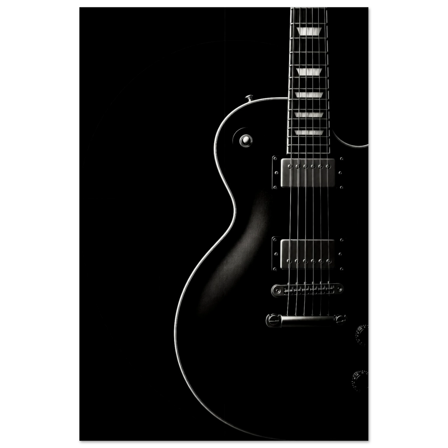Close-up mockup of the Black Resonance monochrome guitar art print showing deep contrast, fine tonal detail, and premium matte paper texture.