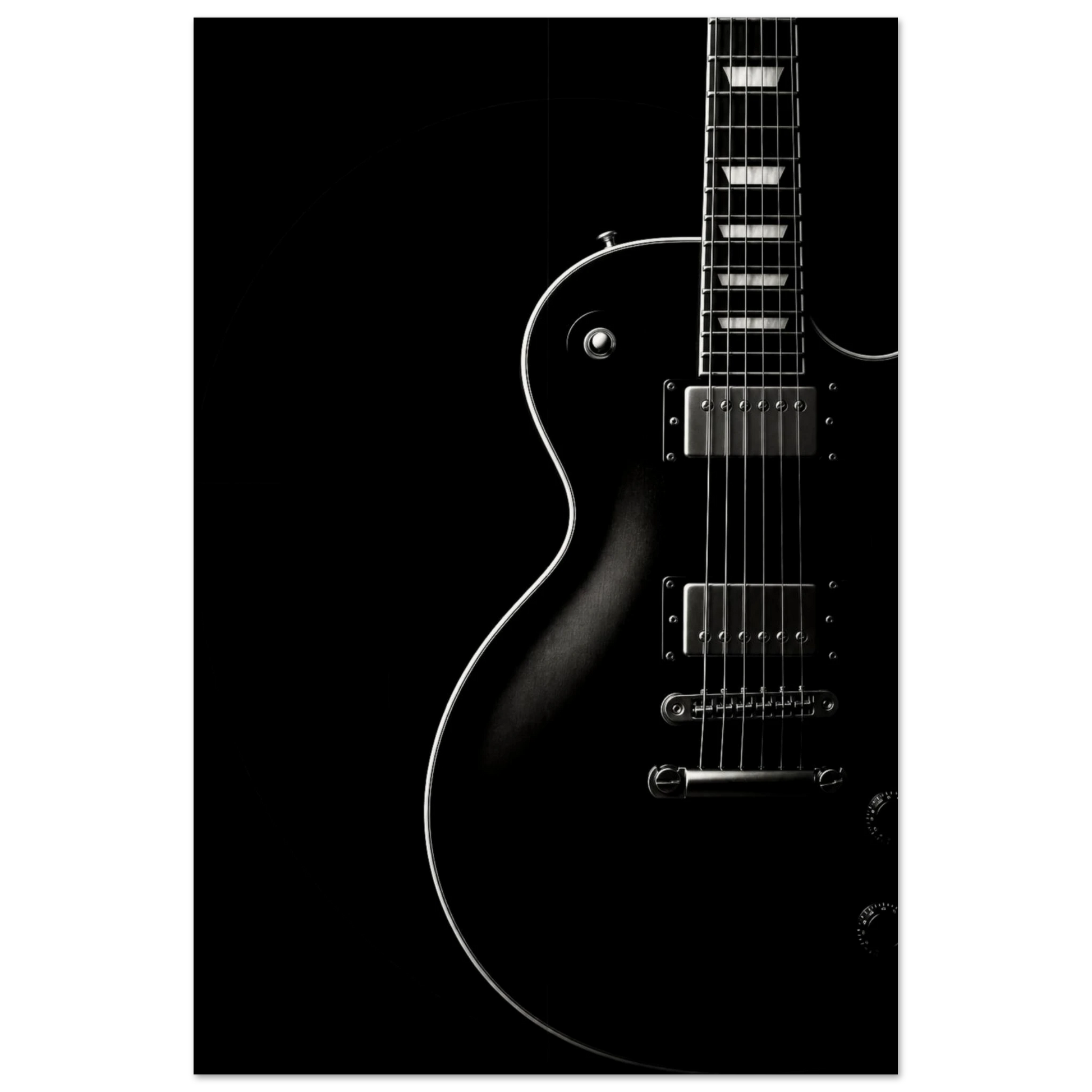 Close-up mockup of the Black Resonance monochrome guitar art print showing deep contrast, fine tonal detail, and premium matte paper texture.