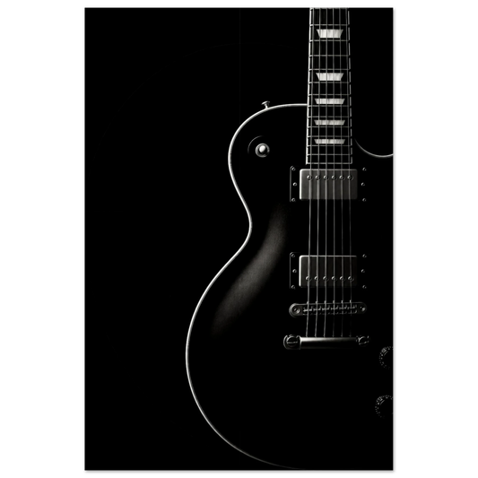 Close-up mockup of the Black Resonance monochrome guitar art print showing deep contrast, fine tonal detail, and premium matte paper texture.