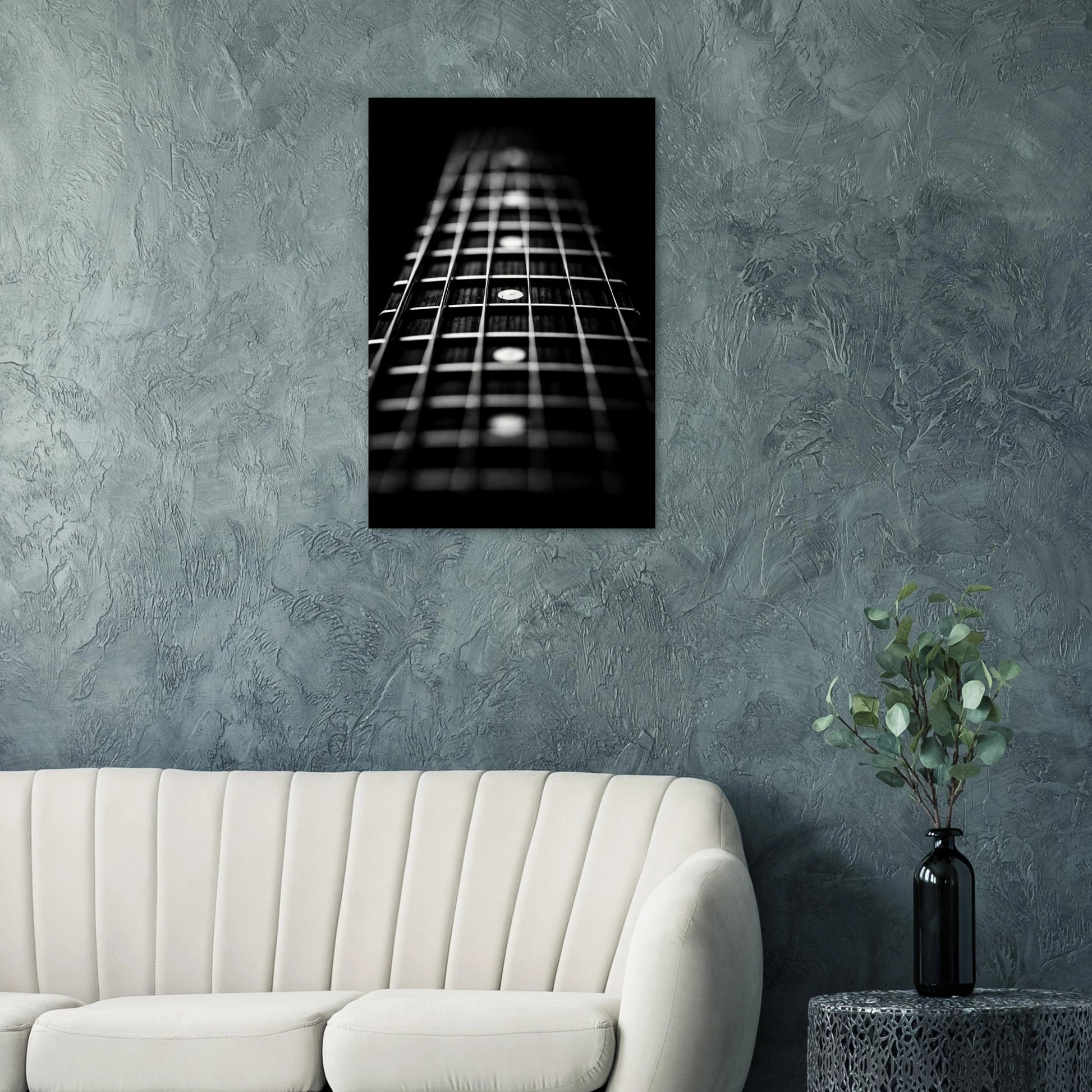Fretboard art print on a teal wall above a modern white sofa — Guitar Prints museum-quality matte art print