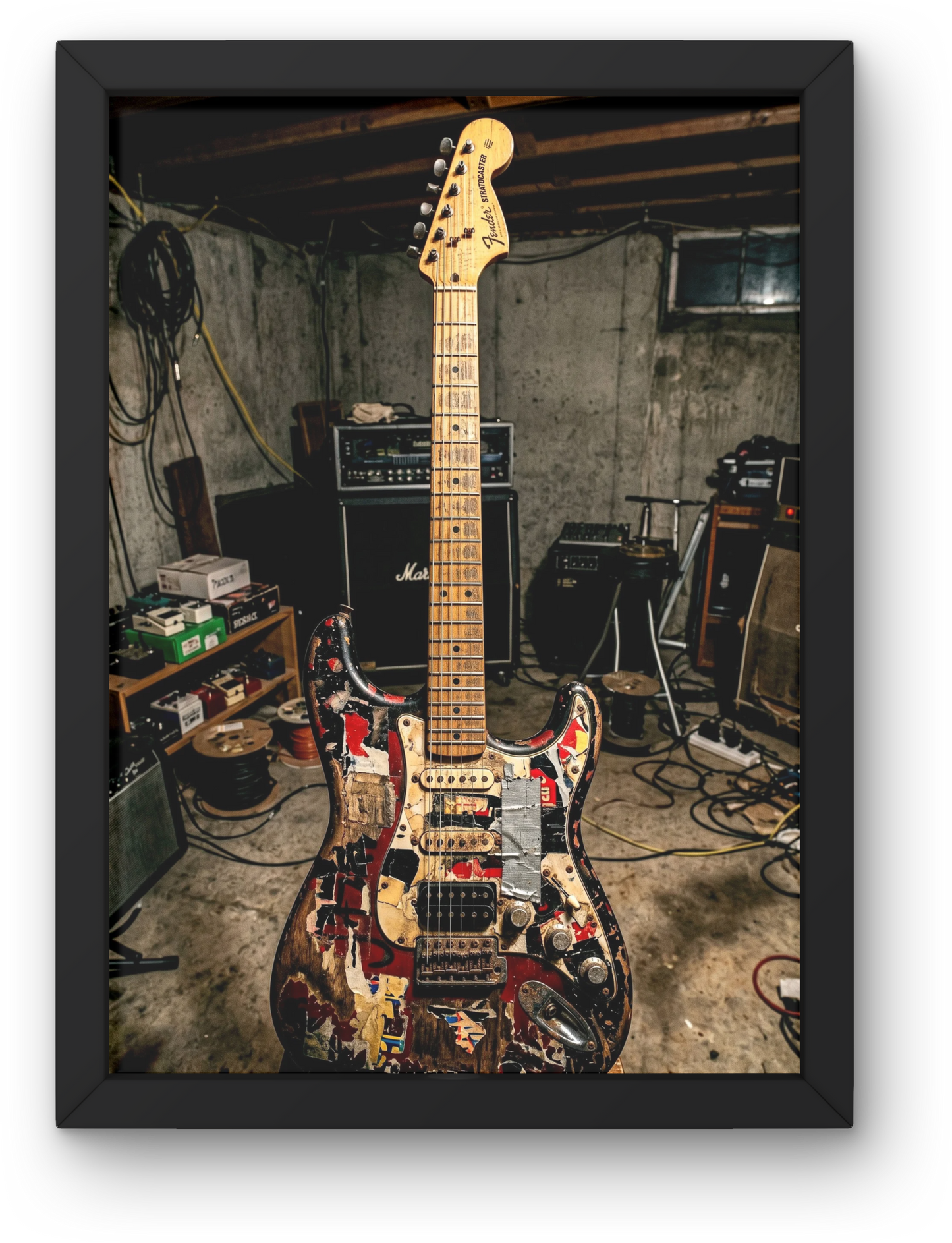 Framed photo of a relic electric guitar in a basement