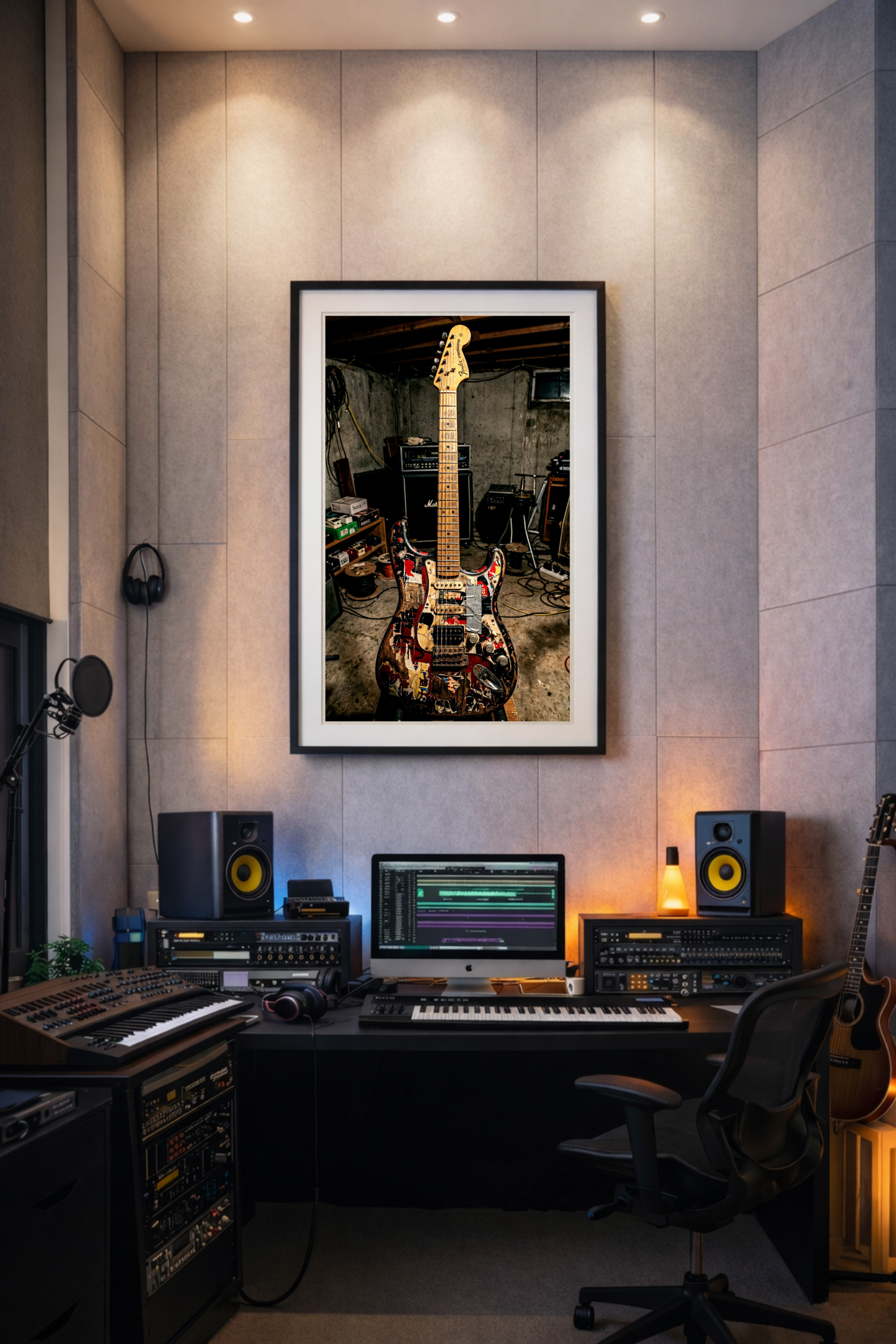 Home studio with music equipment and framed photograph of a relic guitar on the wall.