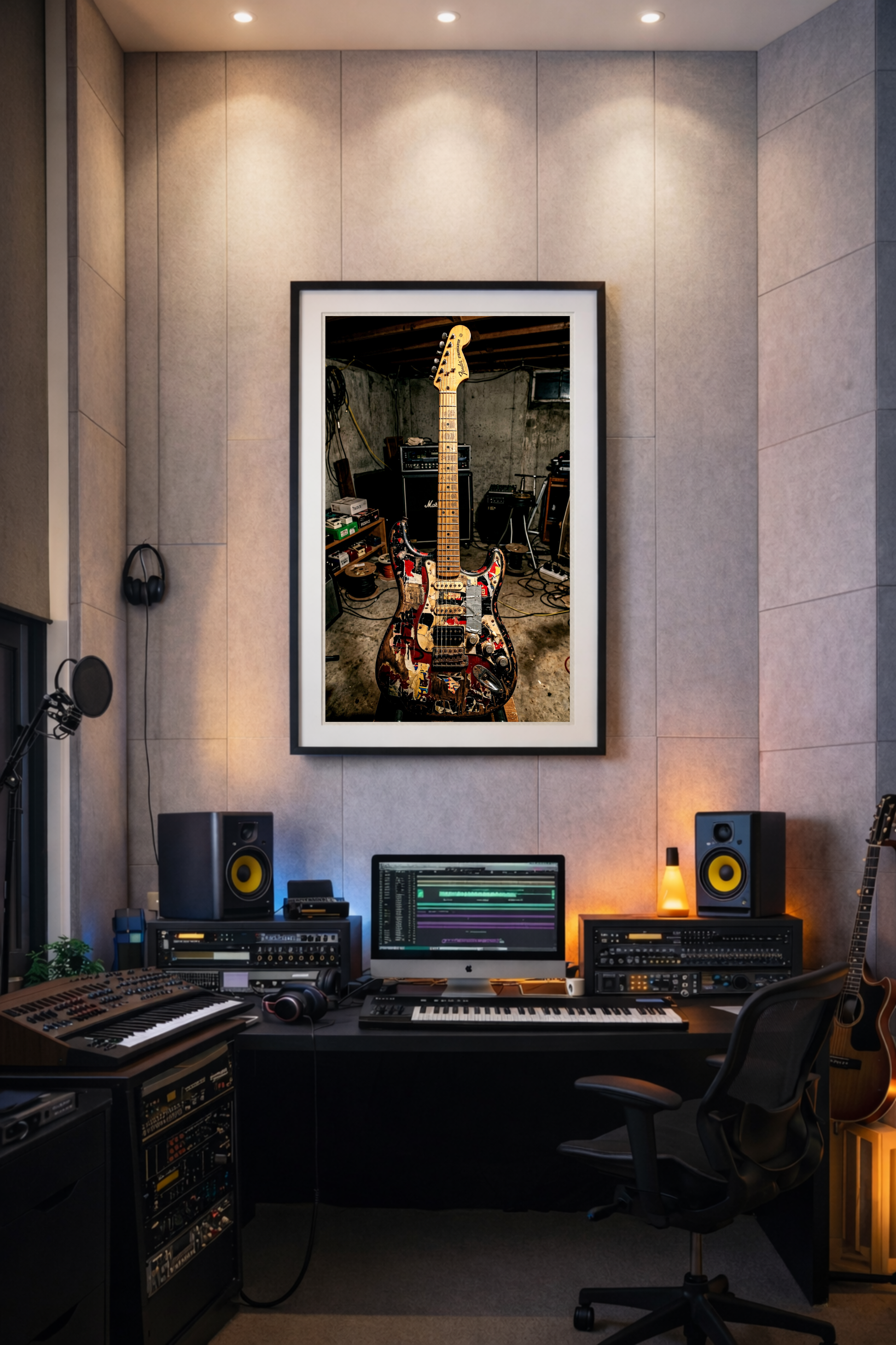 Home studio with music equipment and framed photograph of a relic guitar on the wall.