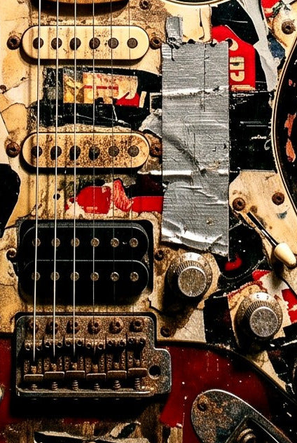 Close-up of a worn-out electric guitar with visible wear and tear.