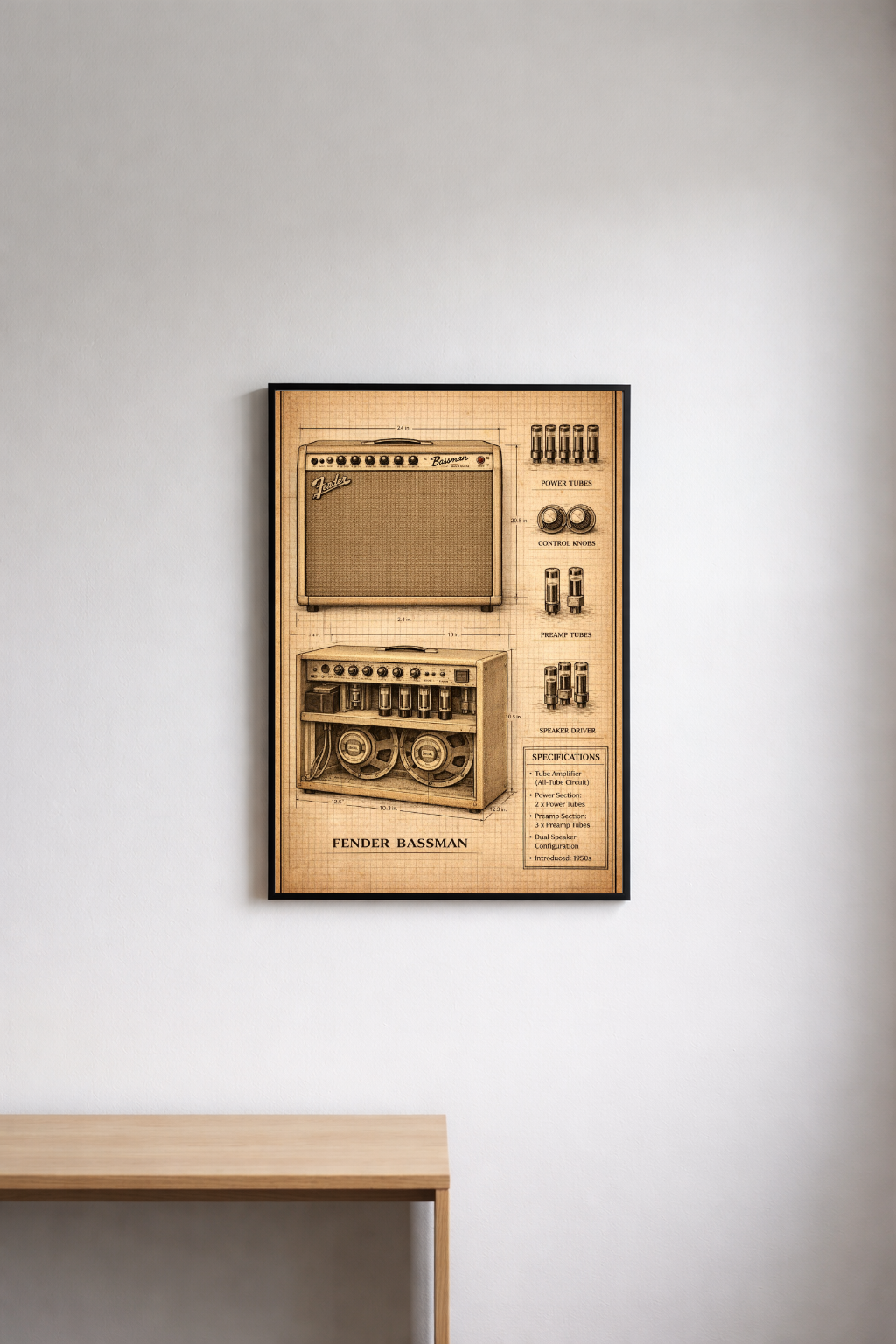 Framed poster of a Fender Bassman amplifier on a wall above a wooden desk.