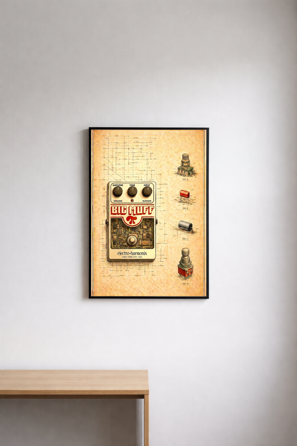 Framed poster of a guitar pedal on a wall above a desk