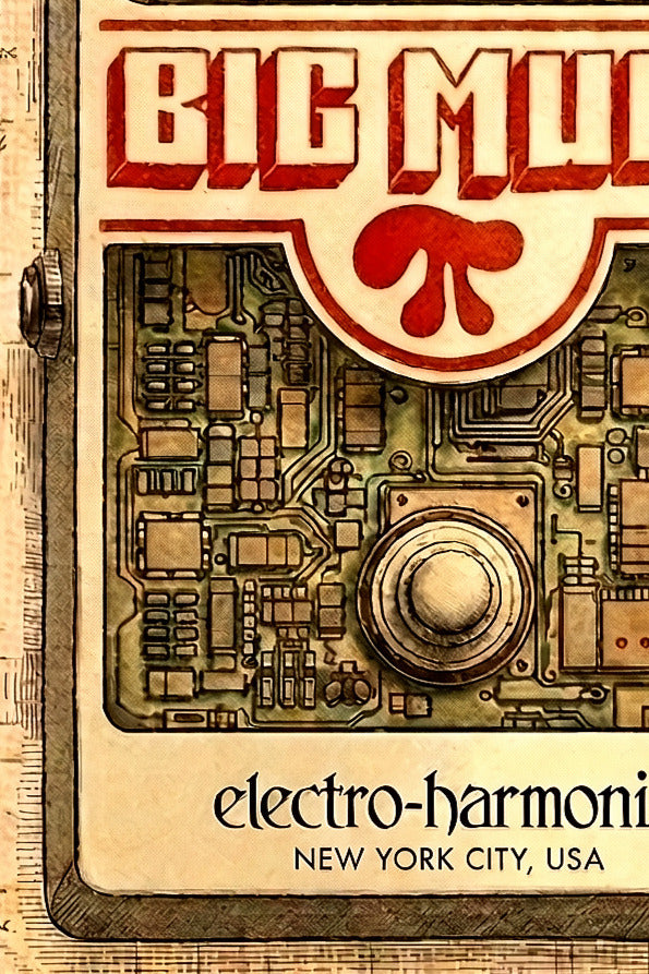 Vintage-style poster with electronic circuit design and 'Big Muff' branding.