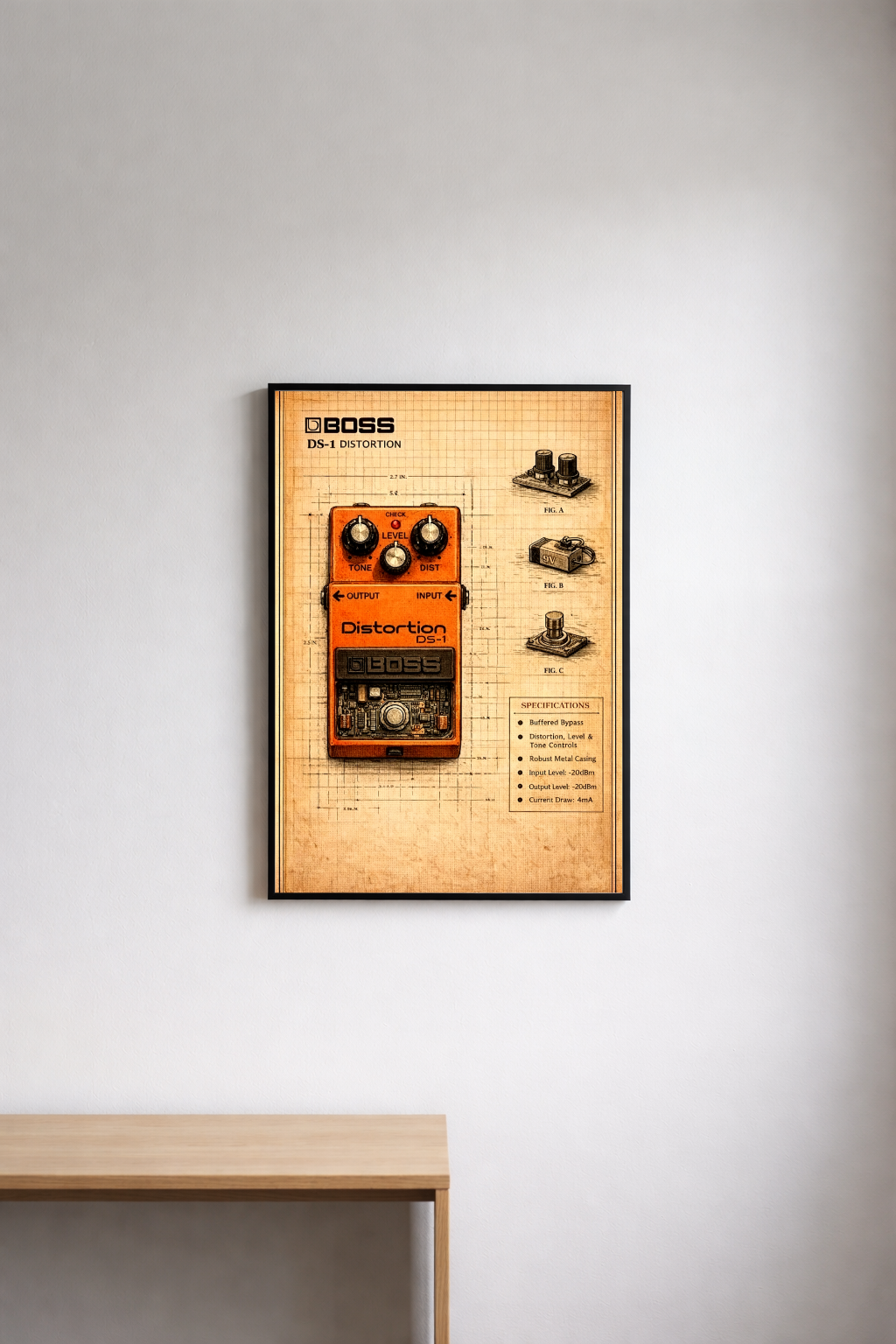 BOSS DS-1 Distortion blueprint poster in a black frame on a studio wall — Guitar Prints