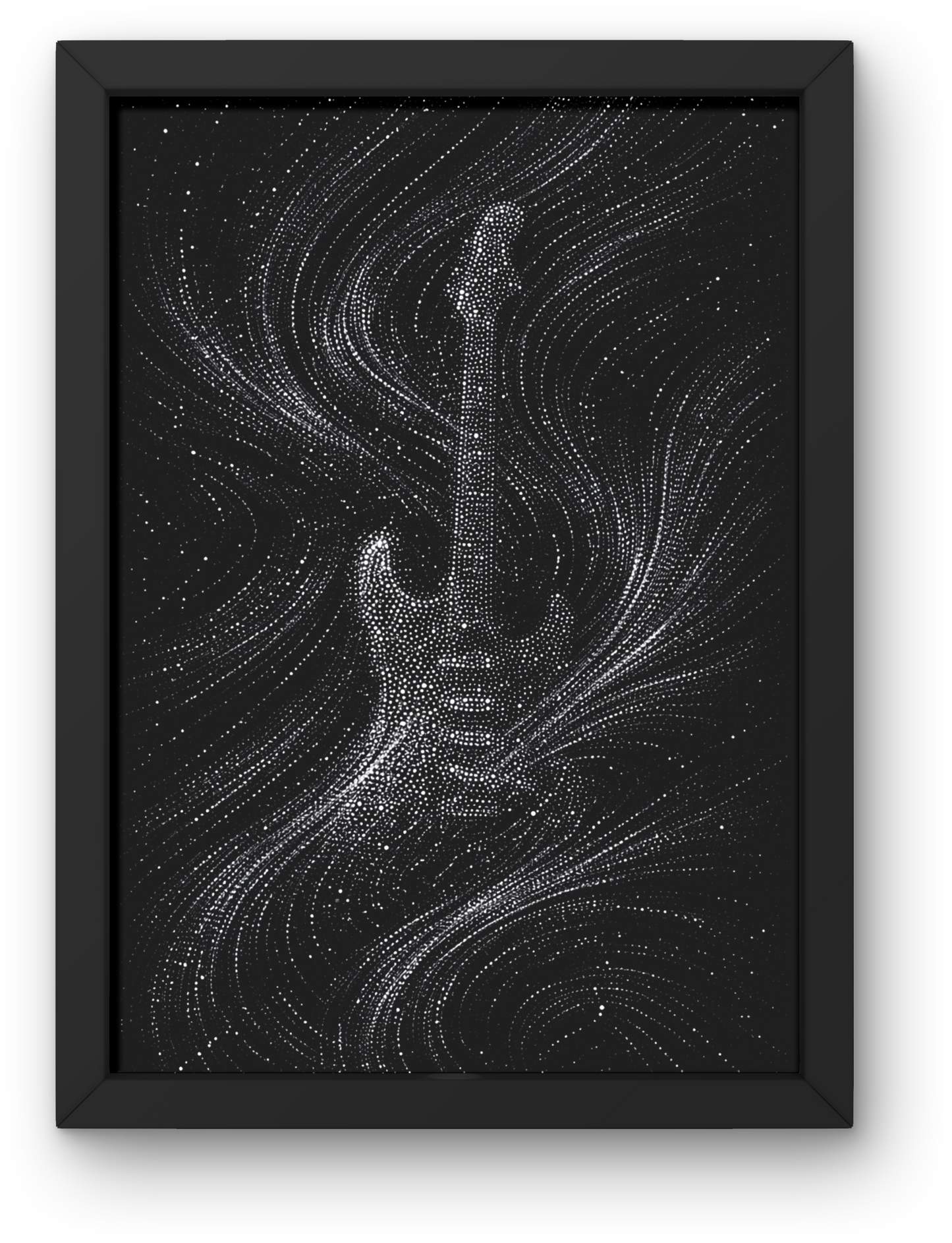 Framed artwork of a guitar silhouette on a black background with white dots.