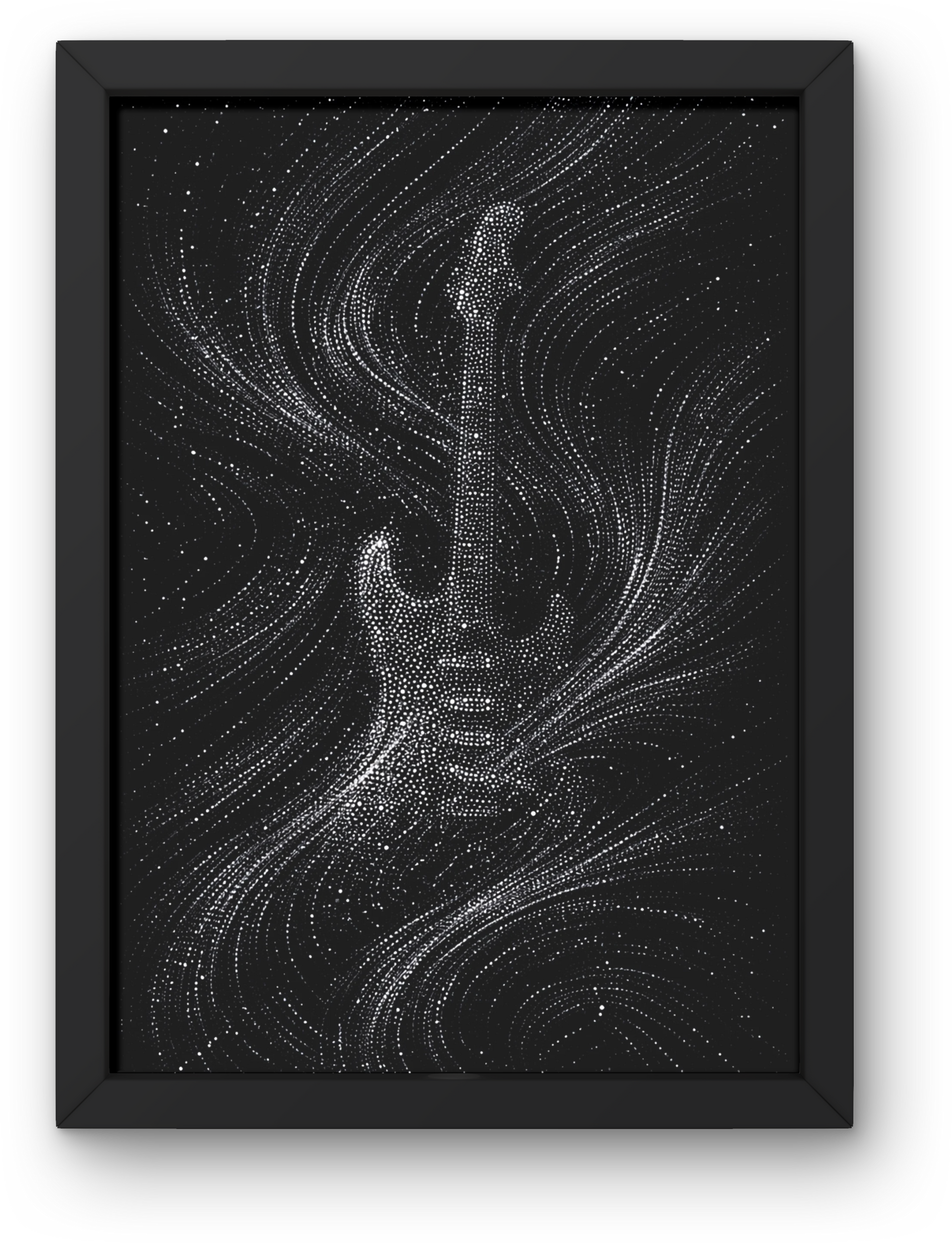 Framed artwork of a guitar silhouette on a black background with white dots.