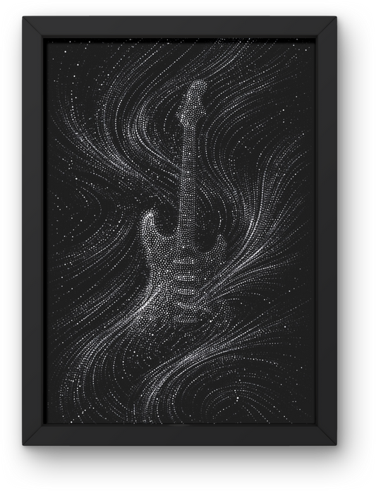 Framed artwork of a guitar silhouette on a black background with white dots.