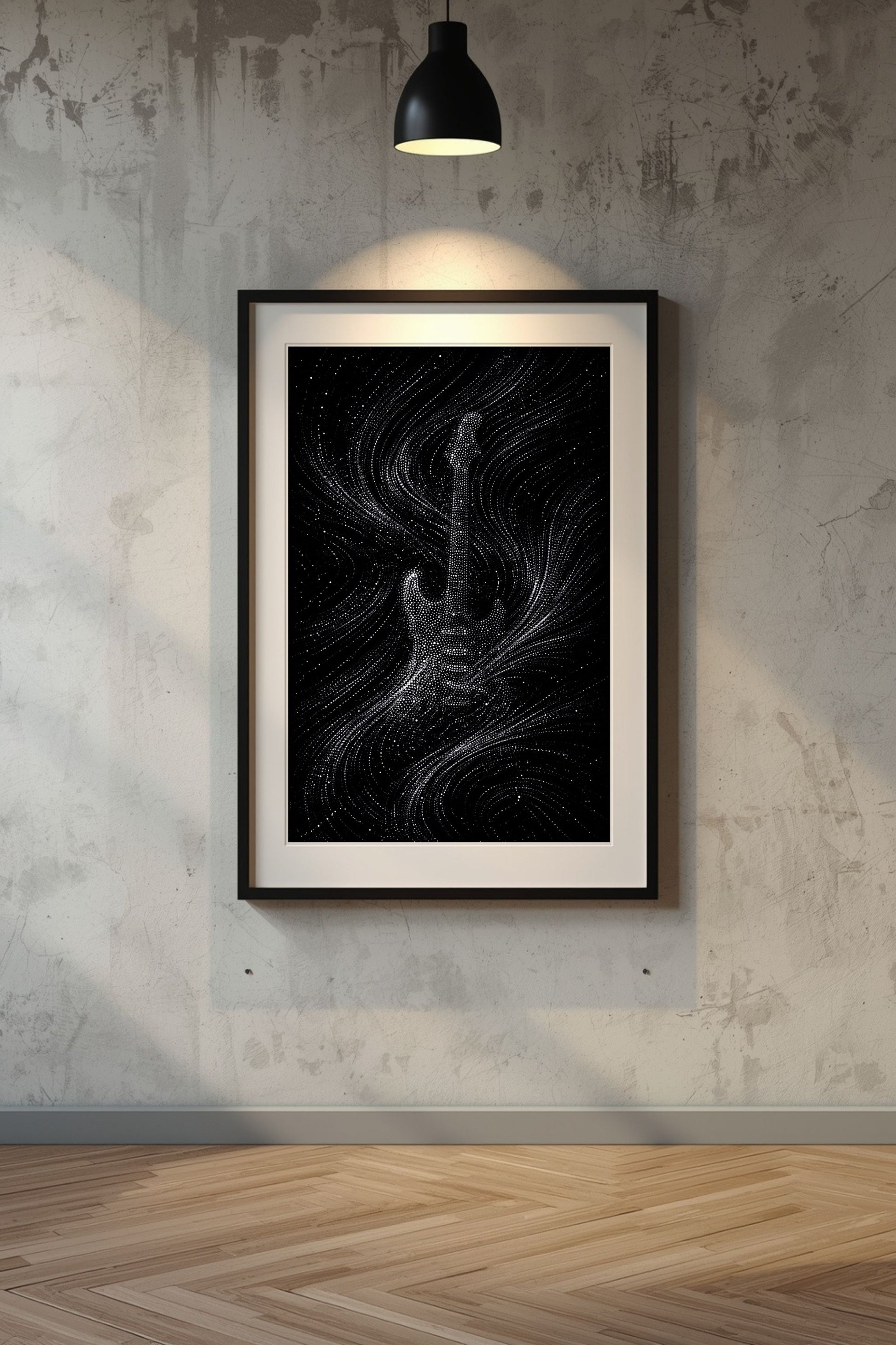 Framed artwork of a guitar on a textured wall with a light fixture.