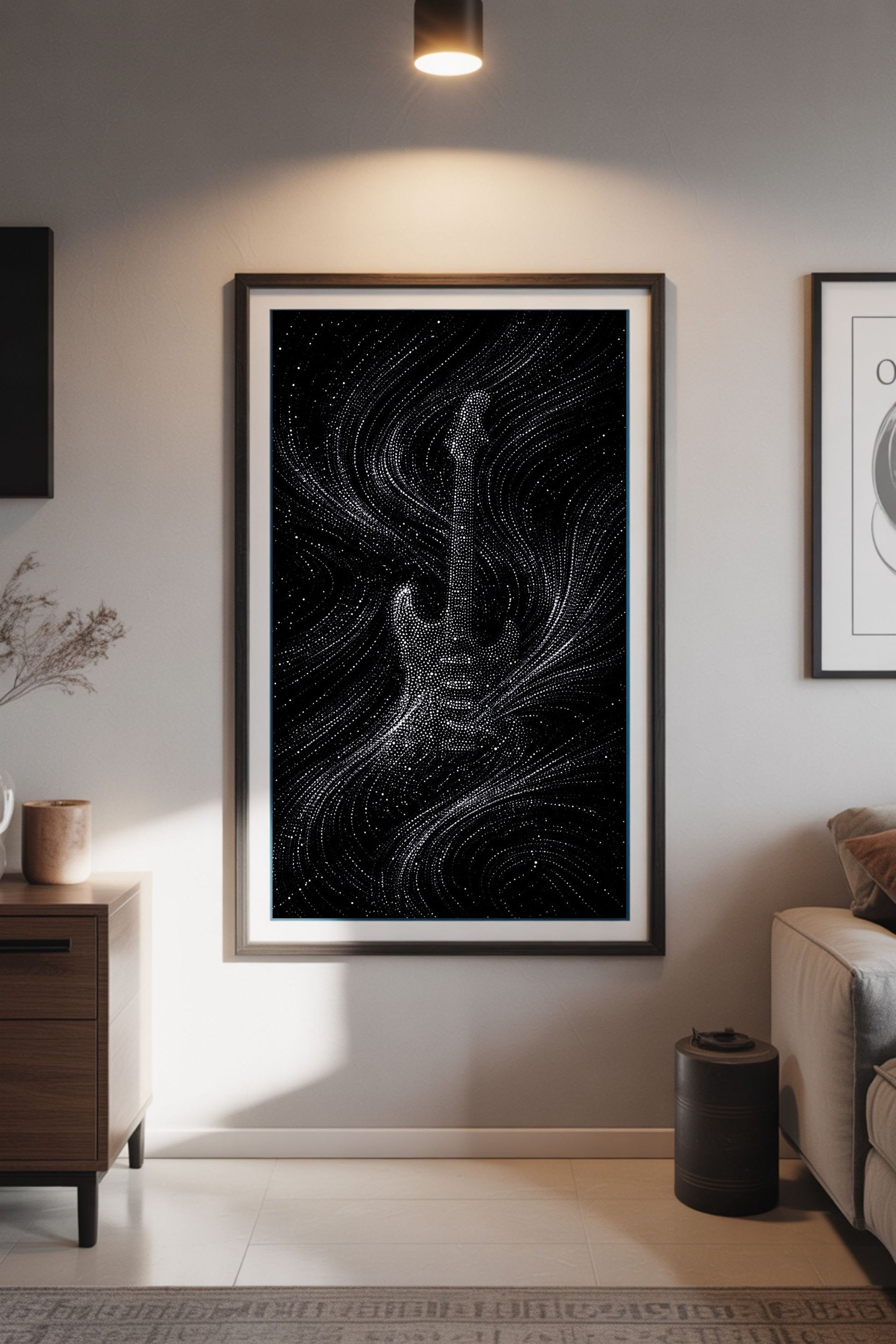 Framed abstract guitar artwork on a wall in a living room setting