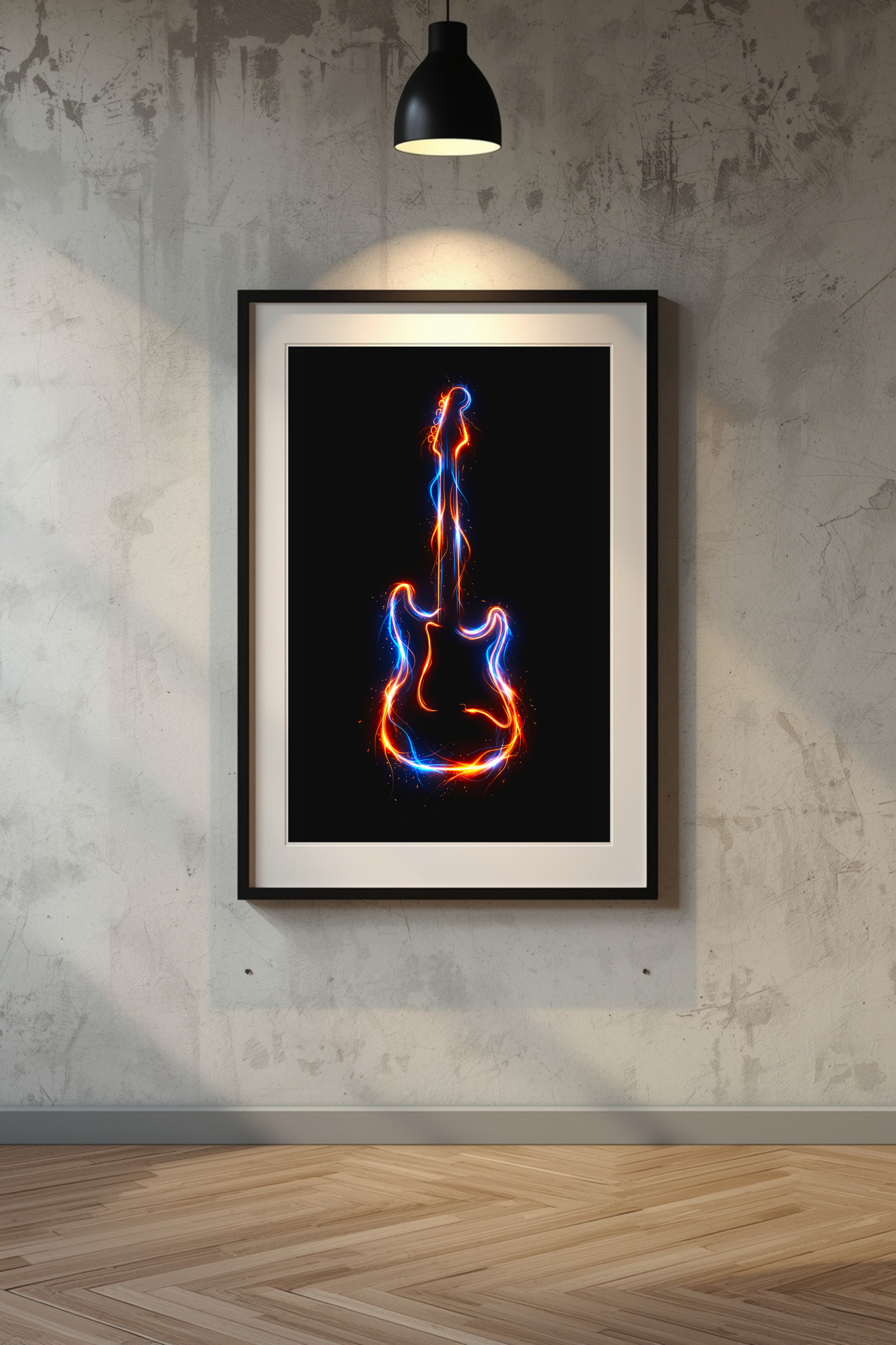 Framed artwork of a guitar silhouette with blue and orange light effects on a black background