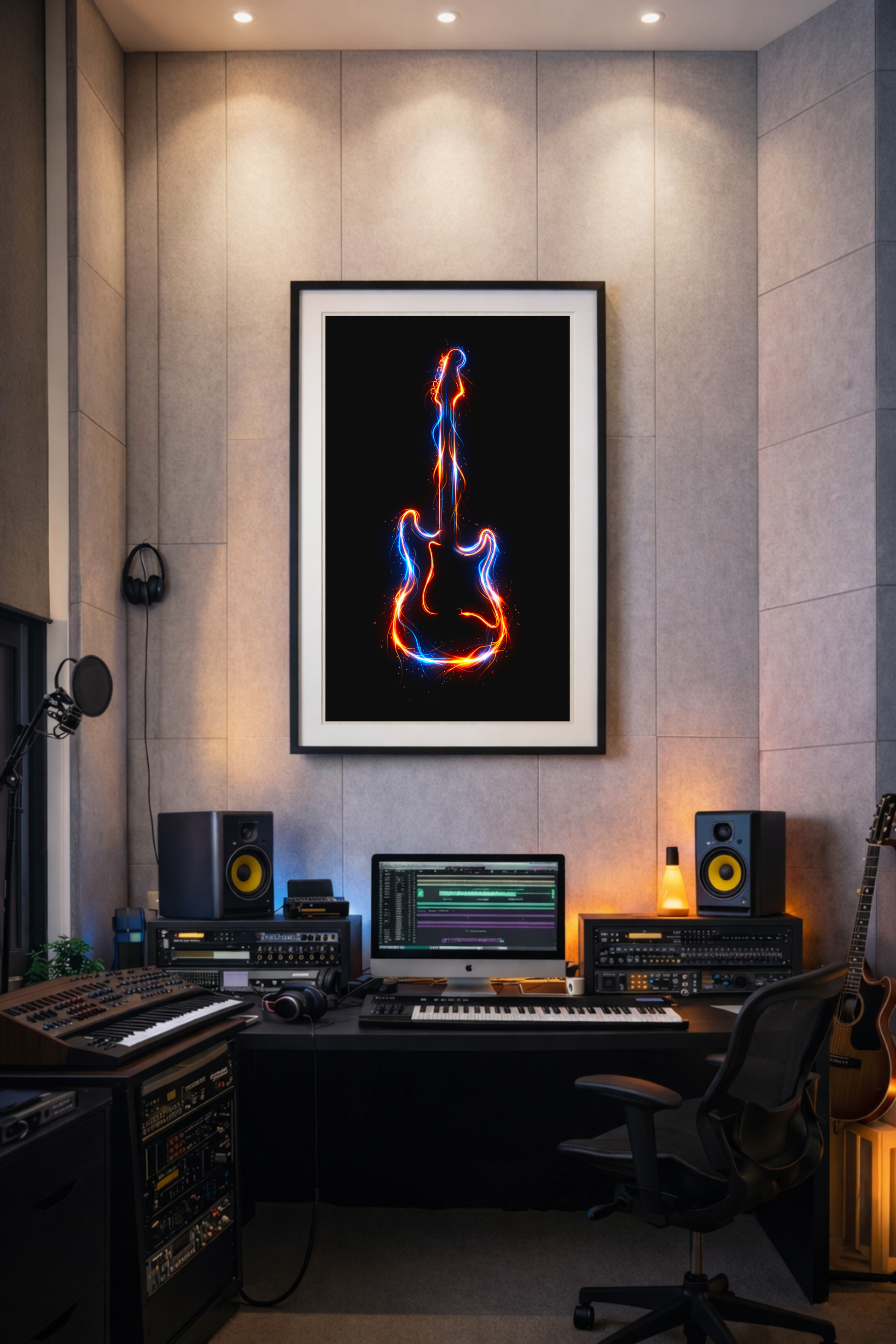 Framed artwork of a guitar silhouette with blue and orange light effects on a black background in a studio setting