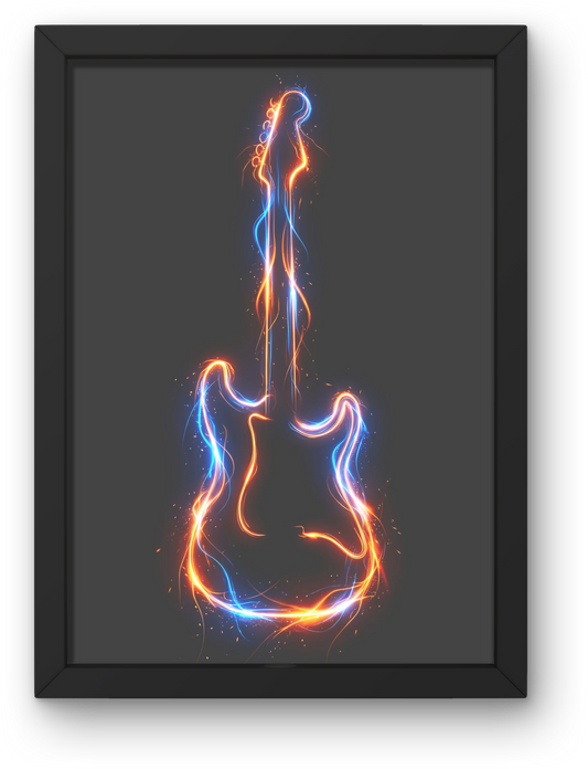 Framed artwork of a guitar with an electric light design on a dark background