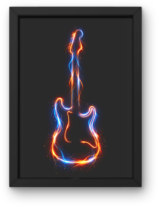 Framed artwork of a guitar silhouette with blue and orange light effects on a black background