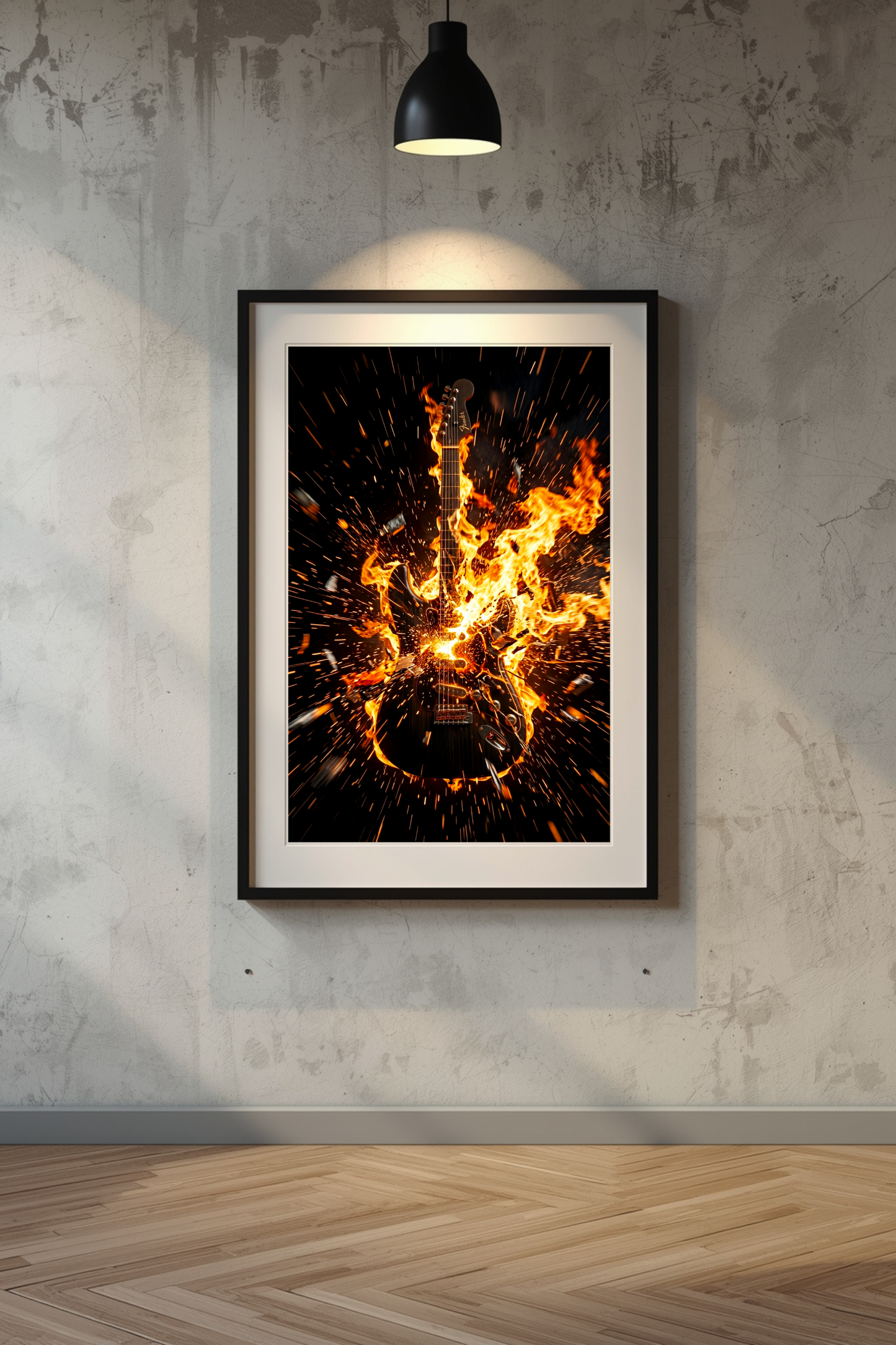 Framed artwork of a fiery guitar design on a textured wall.