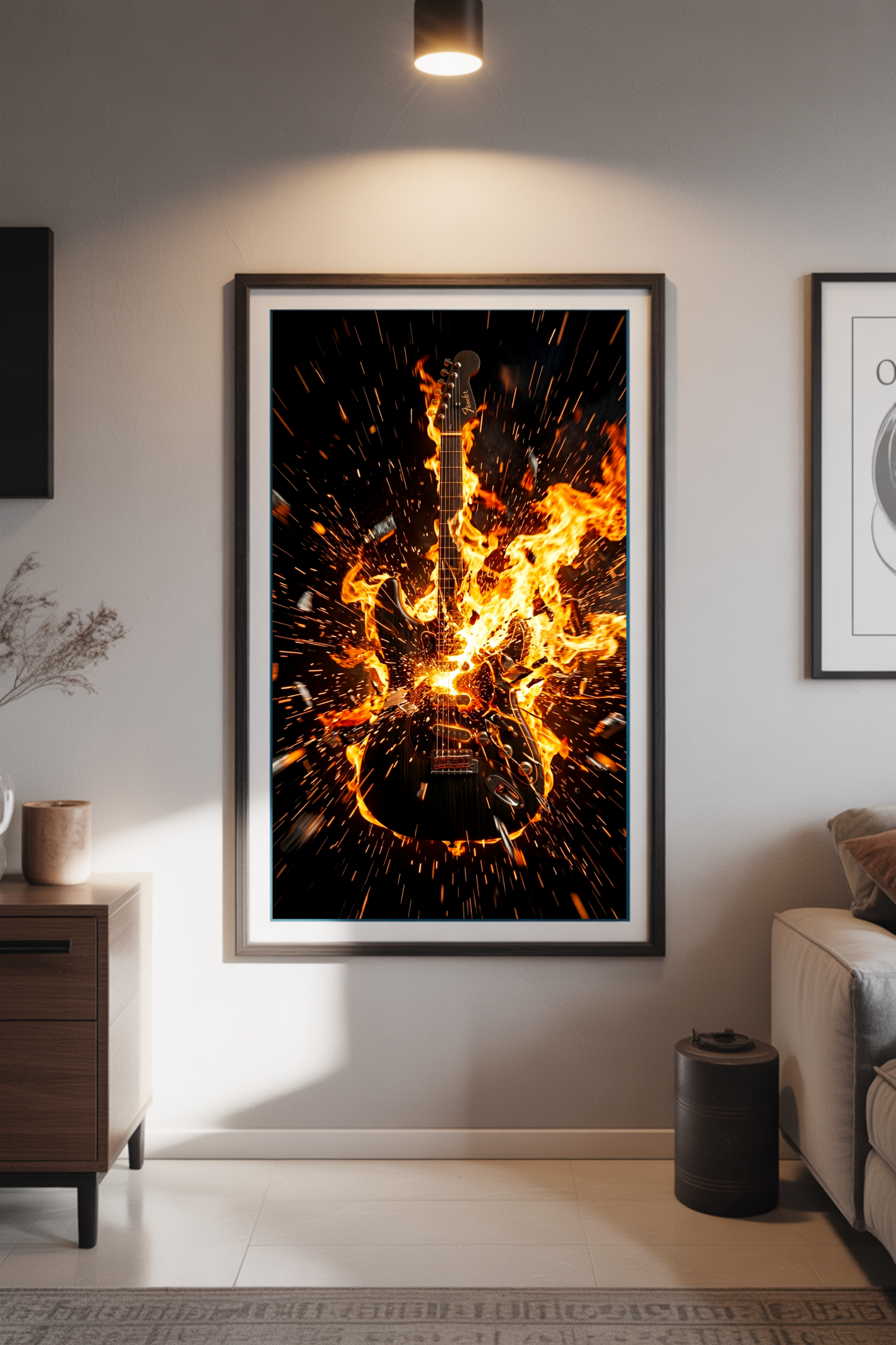 Framed artwork of a guitar on fire in a modern living room.