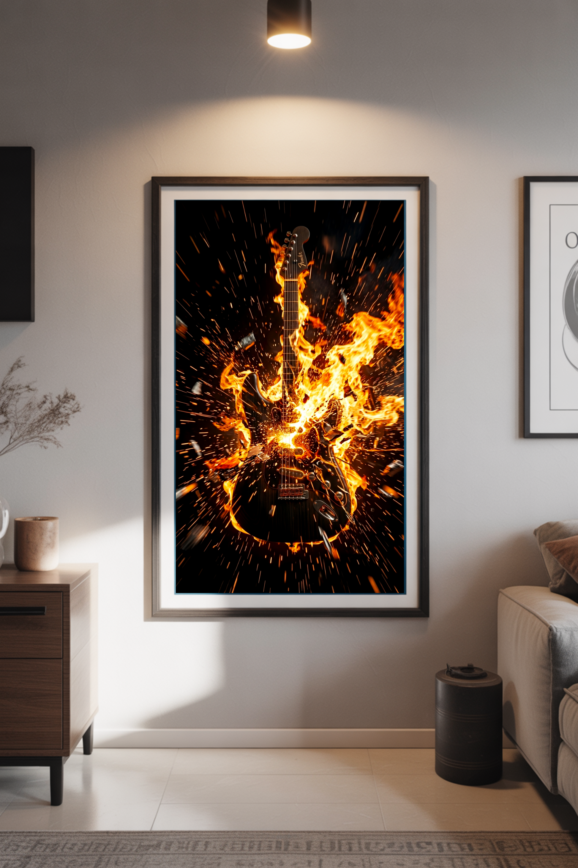 Framed artwork of a guitar on fire in a modern living room.