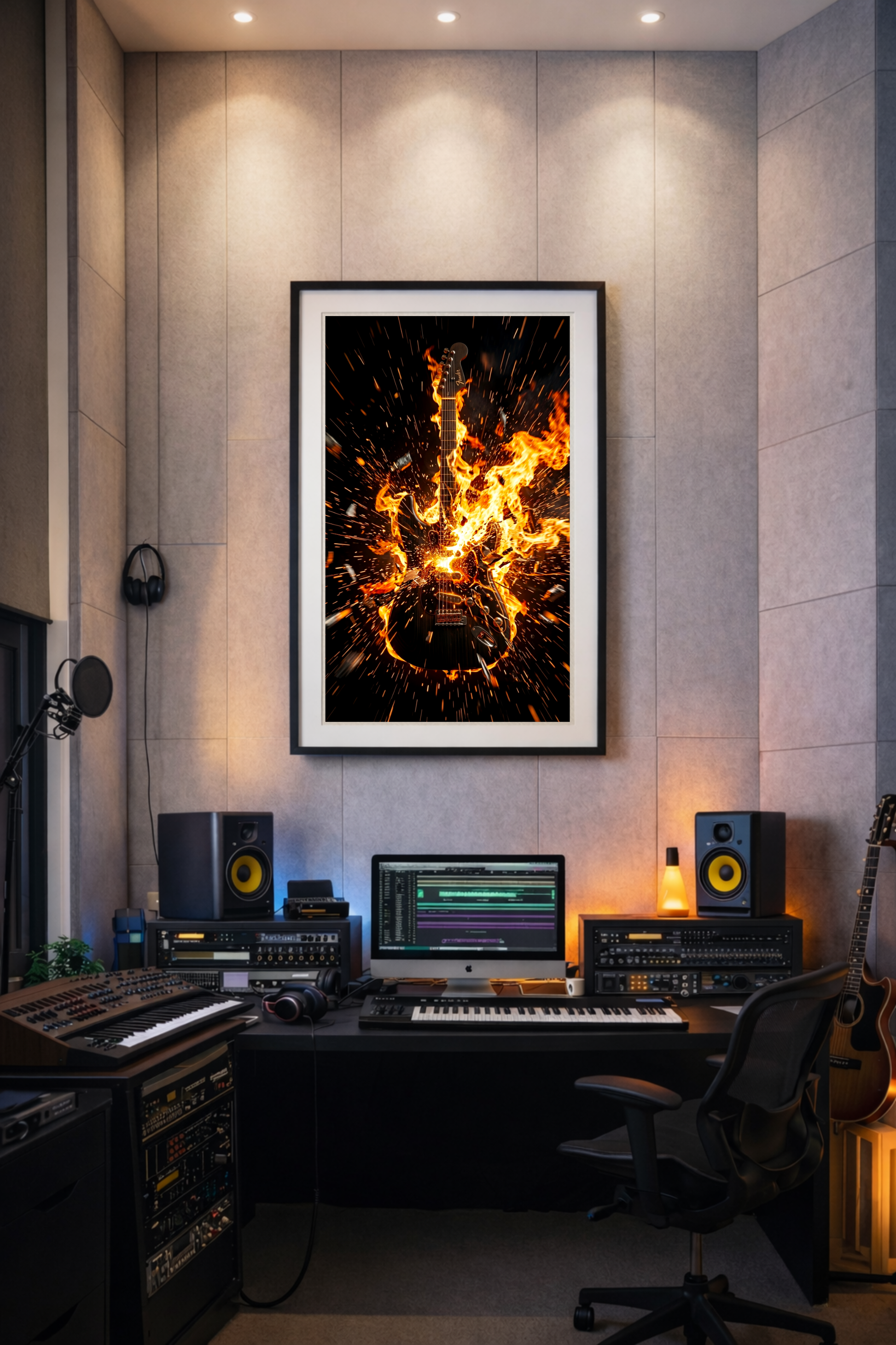 Home studio with music production equipment and a framed abstract guitar fire artwork on the wall.