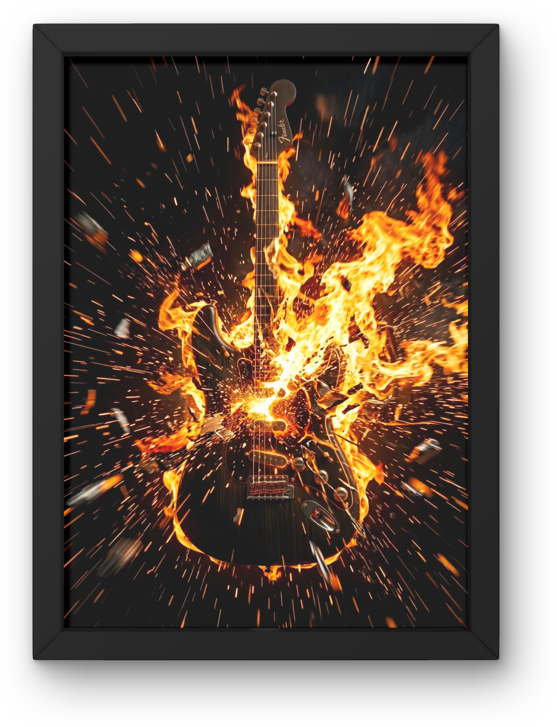 Framed artwork of a guitar engulfed in flames on a black background