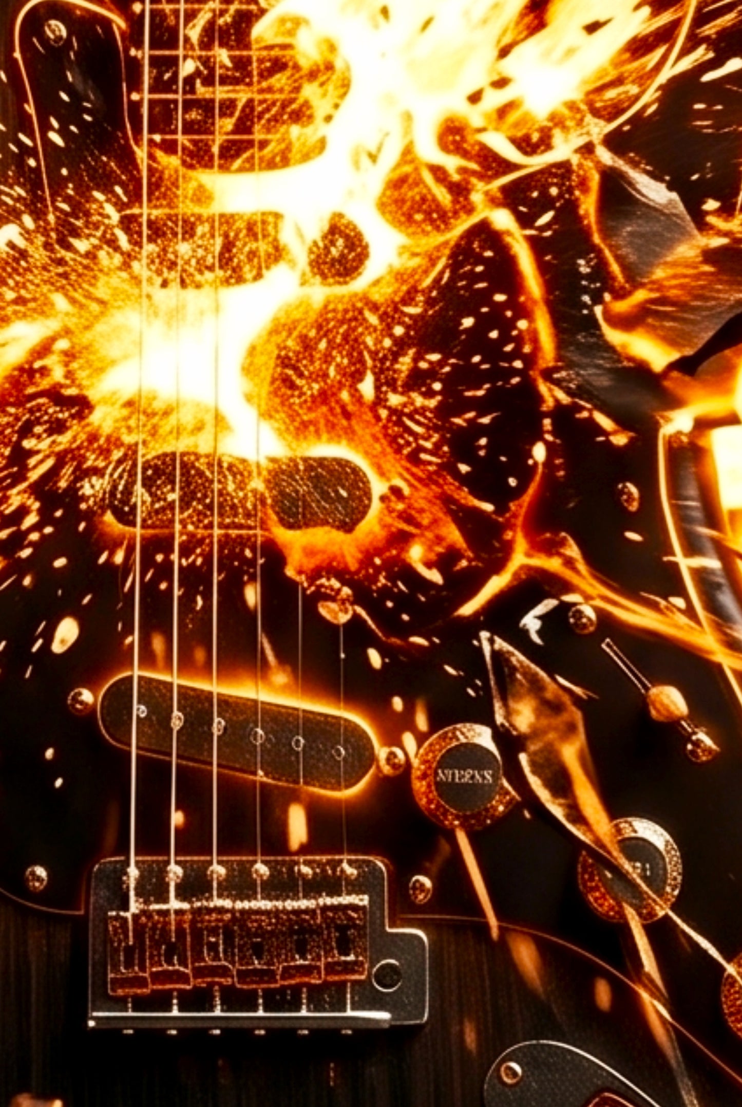 Guitar with fiery design and brand logo on a dark background
