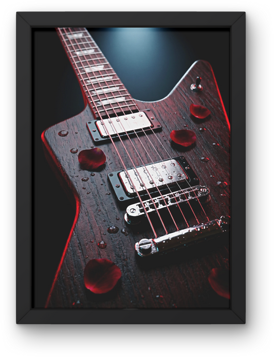 Framed artwork of a Gibson Explorer electric guitar under deep crimson lighting on a black background — Crimson Sessions collection by Guitar Prints