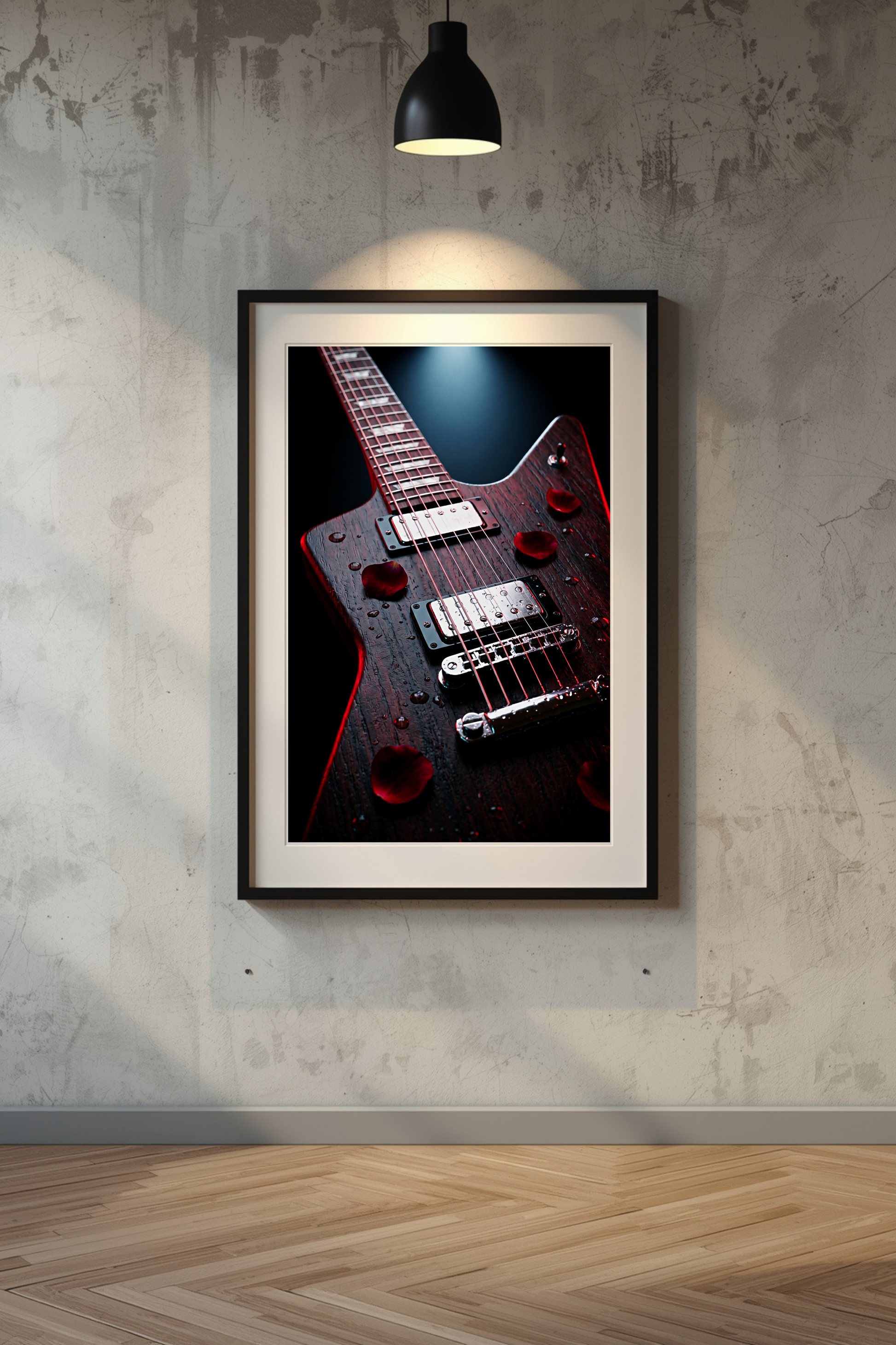 Crimson Explorer guitar art print in a black frame on a concrete wall with pendant lighting — Guitar Prints