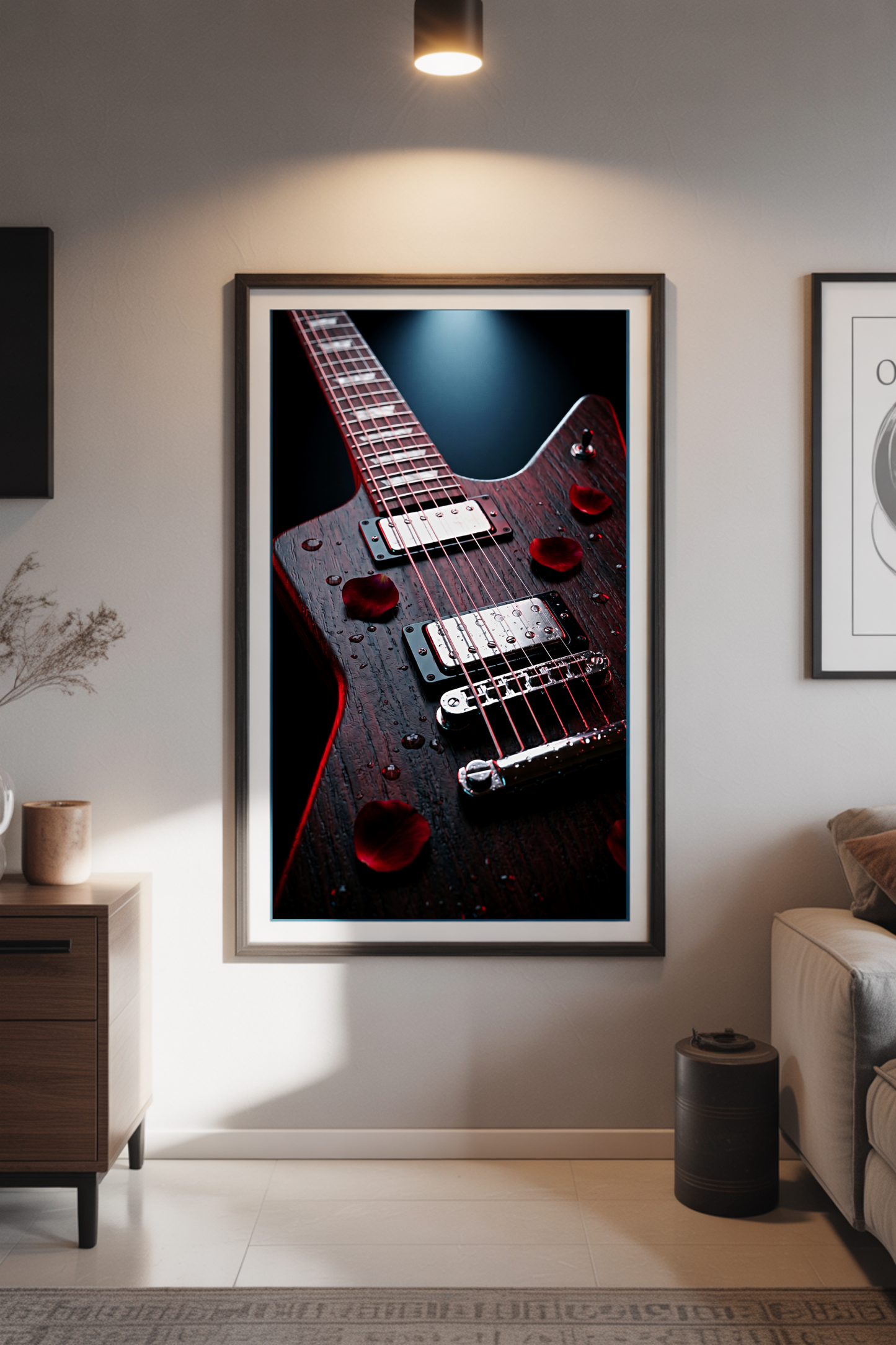 Crimson Explorer guitar art print in a black frame on a white living room wall — Guitar Prints