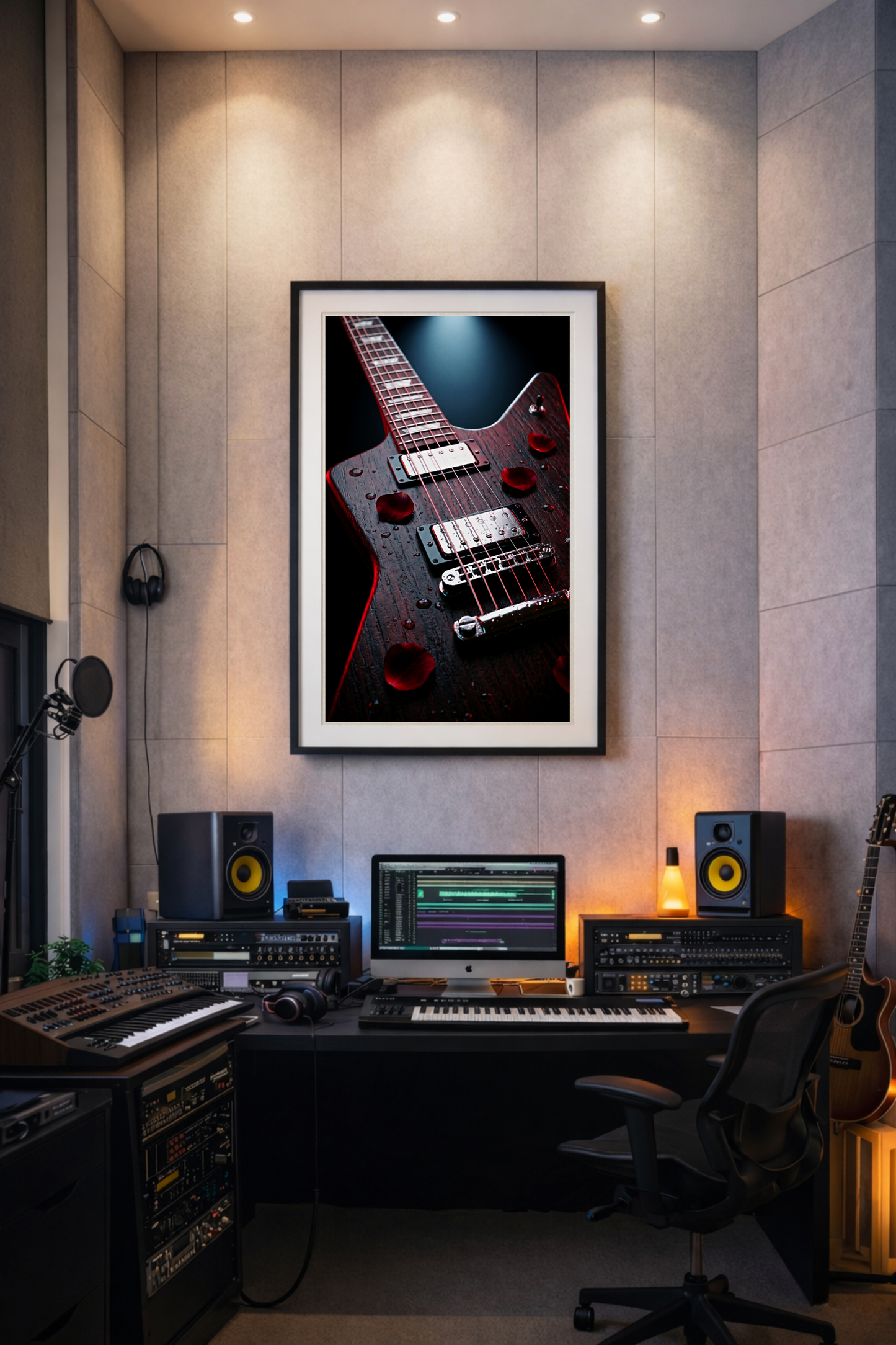 Crimson Explorer guitar art print displayed above a professional recording studio desk — Guitar Prints