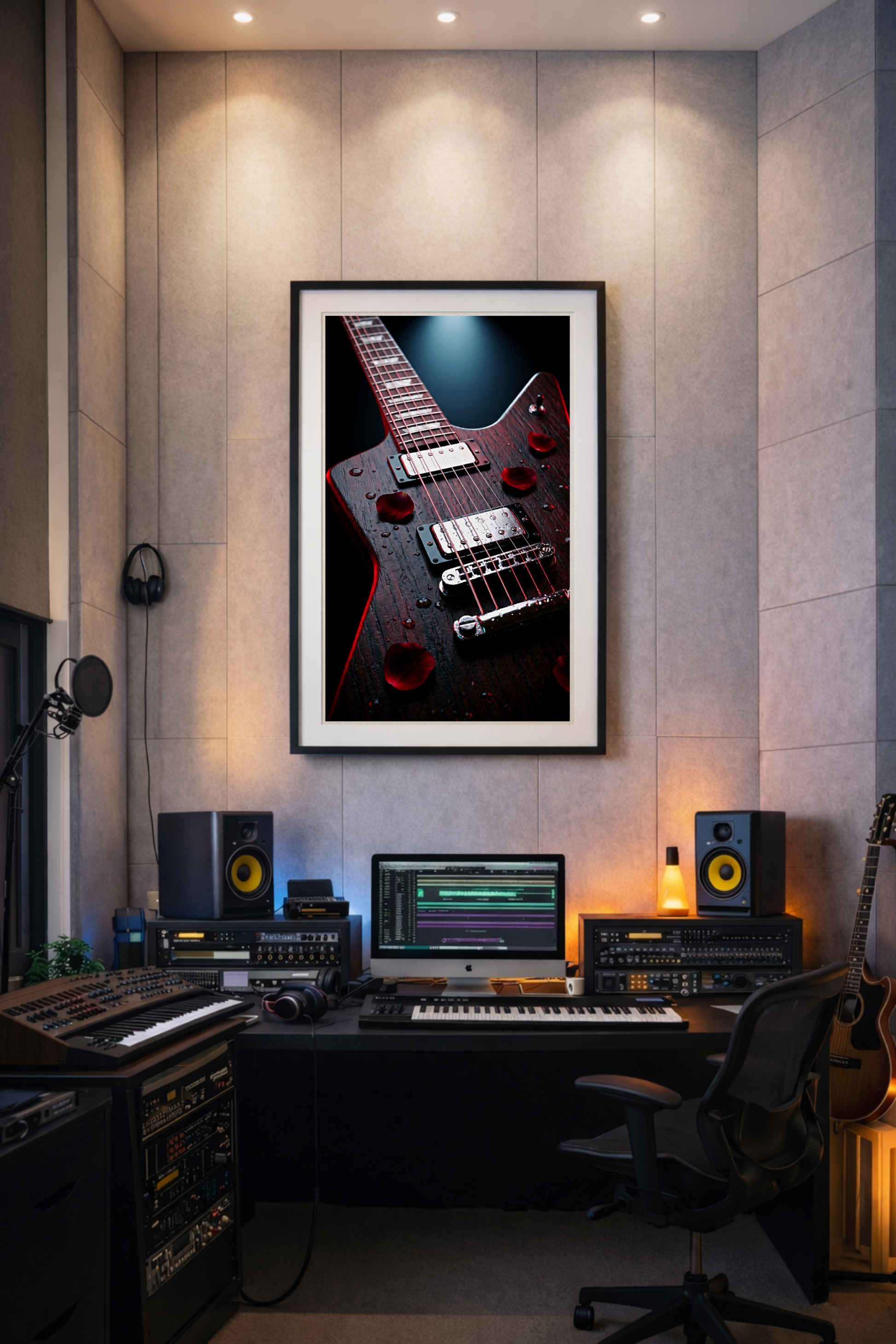Crimson Explorer guitar art print displayed above a professional recording studio desk — Guitar Prints